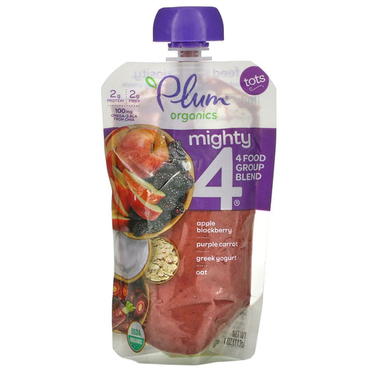 Plum Organics-Mighty 4-4 Food Group Blend-Tots-Apple-Blackberry-Purple Carrot-Greek Yogurt-Oat-4 oz (113 g)