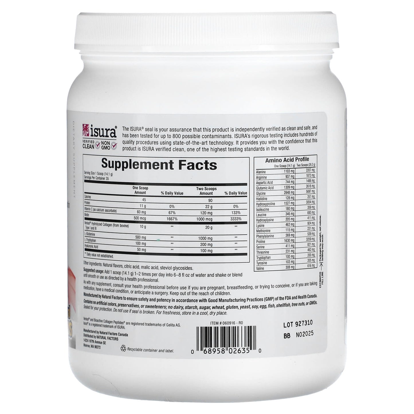 Natural Factors, Total Body Collagen, Bioactive Peptides, Pomegranate, 100 mg, 1 lb 1 oz (500 g)