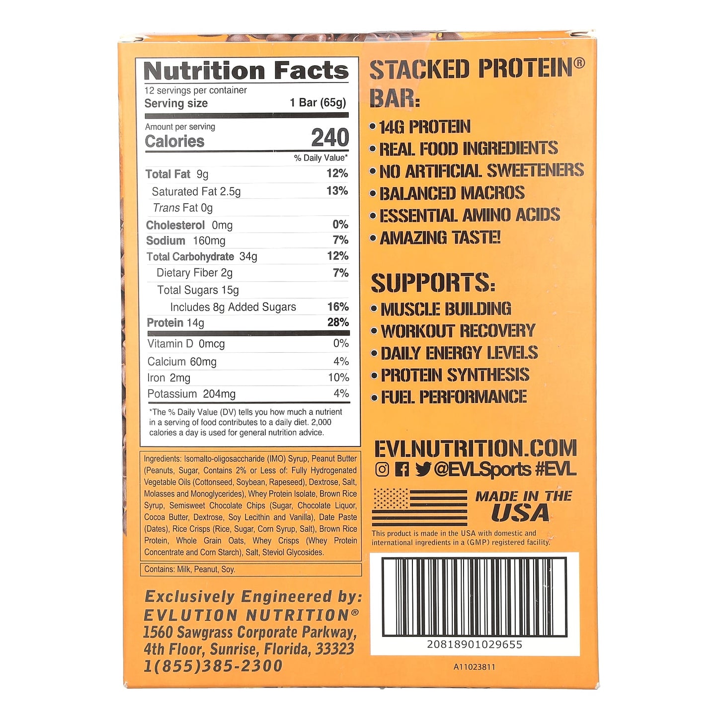 EVLution Nutrition, Stacked Protein Bar, Chocolate Chip Peanut Butter, 12 Bars, 2.29 oz (65 g) Each