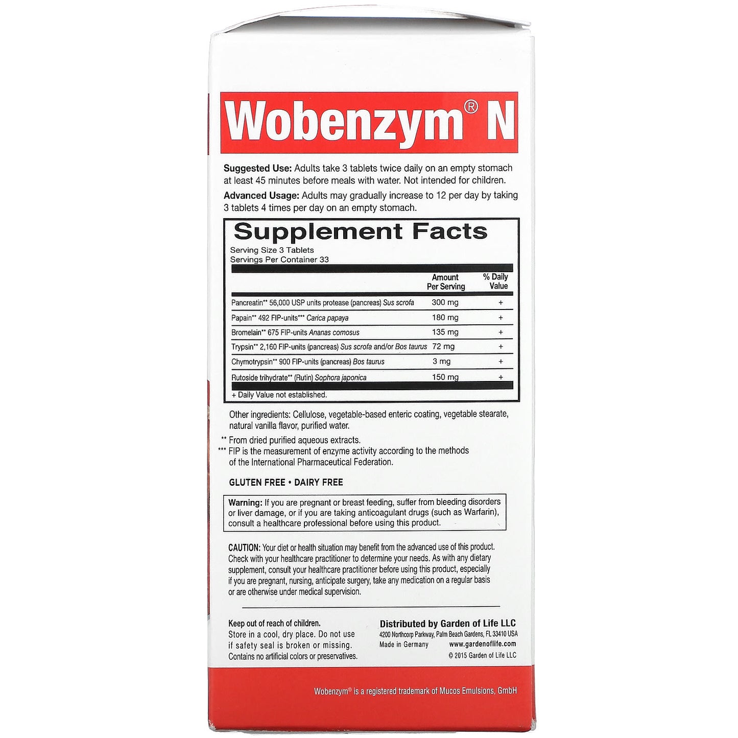 Garden of Life, Wobenzym N, Joint Health, 100 Enteric-Coated Tablets