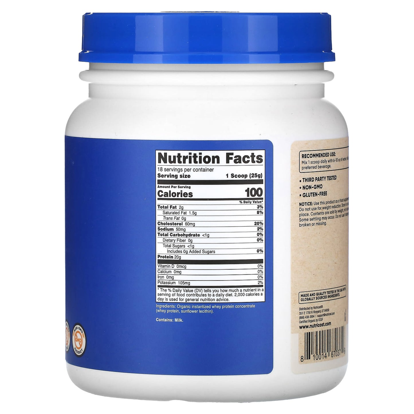 Nutricost, Organic Whey Protein, Unflavored, 1 lb (454 g)