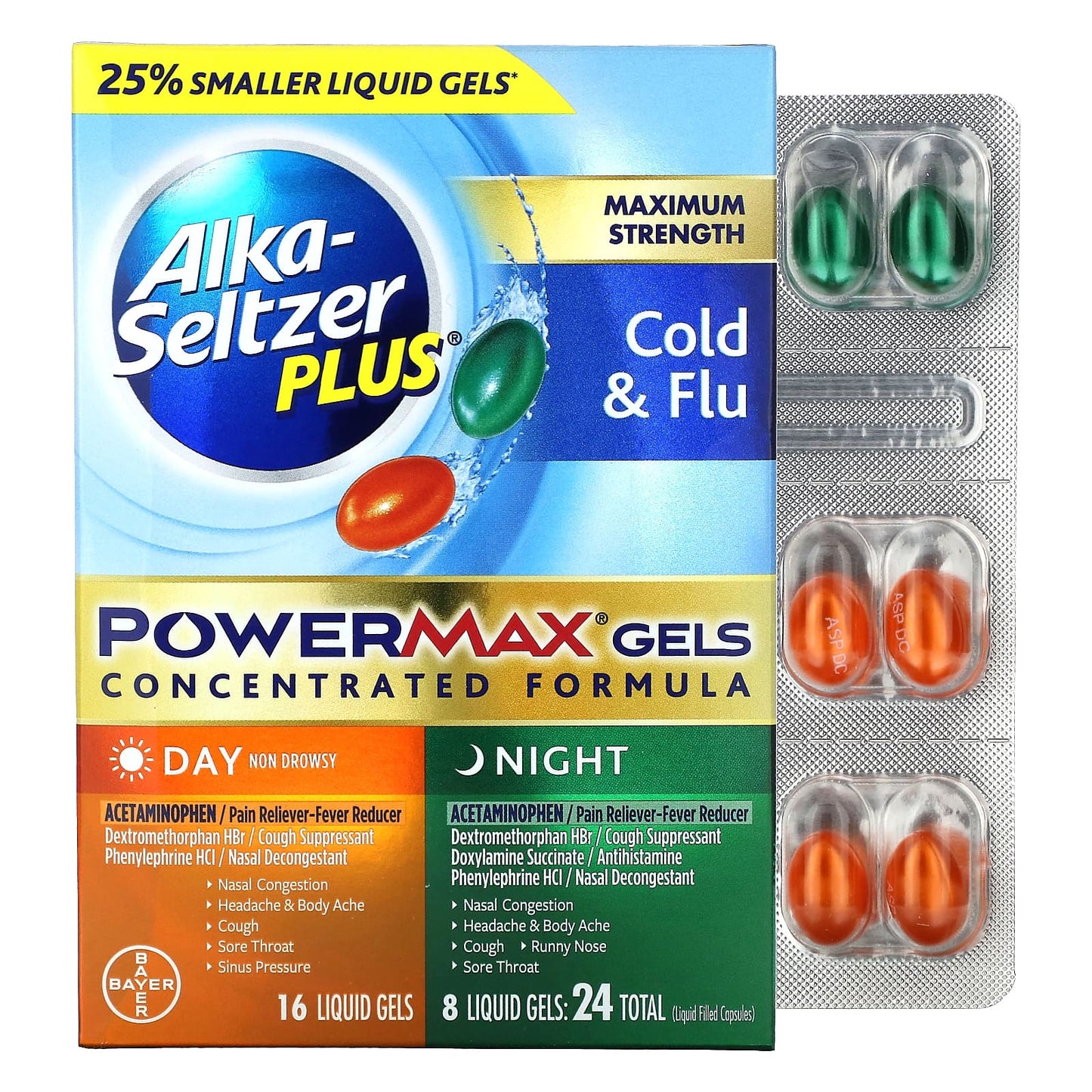 Alka-Seltzer Plus-Maximum Strength Cold & Flu-PowerMax Gels-Day & Night-24 Liquid Gels