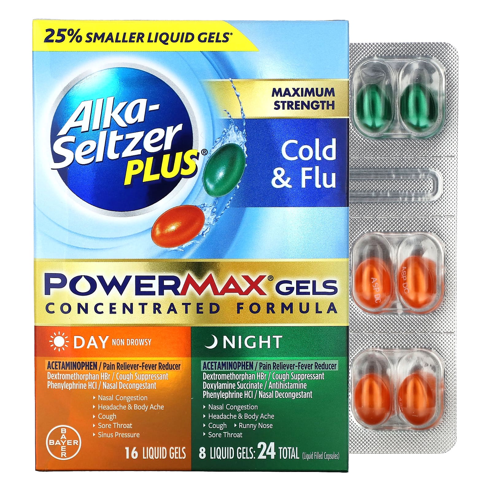 Alka-Seltzer Plus-Maximum Strength Cold & Flu-PowerMax Gels-Day & Night-24 Liquid Gels