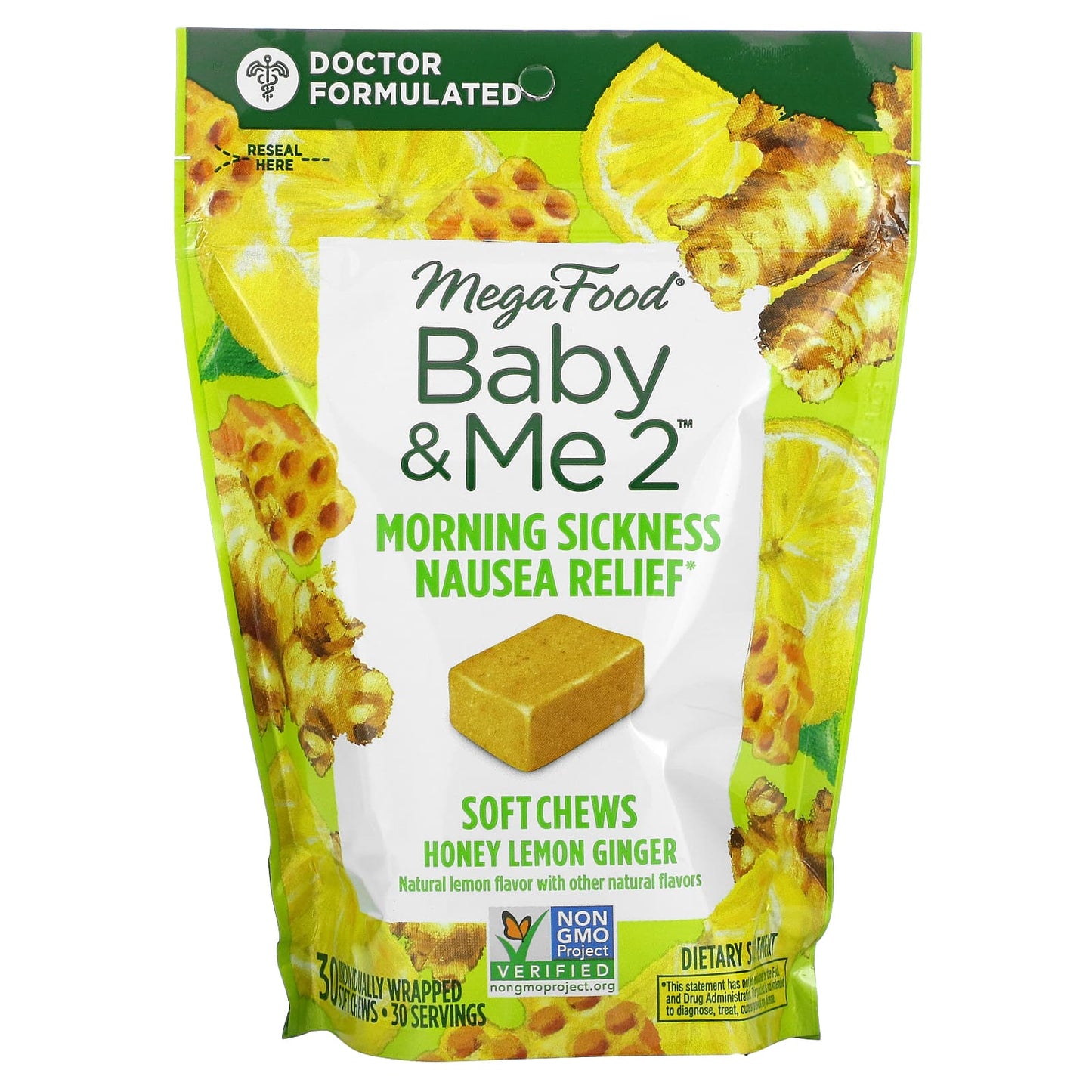 MegaFood-Baby & Me2-Morning Sickness Nausea Relief-Honey Lemon Ginger-30 Individually Wrapped Soft Chews