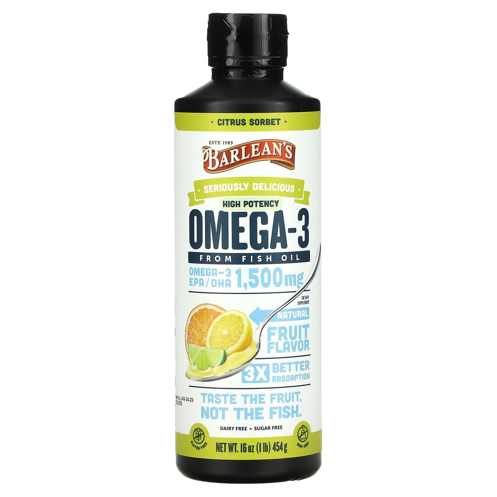 Barlean's-Seriously Delicious-Omega-3 Fish Oil-Citrus Sorbet-1,500 mg-16 oz (454 g)