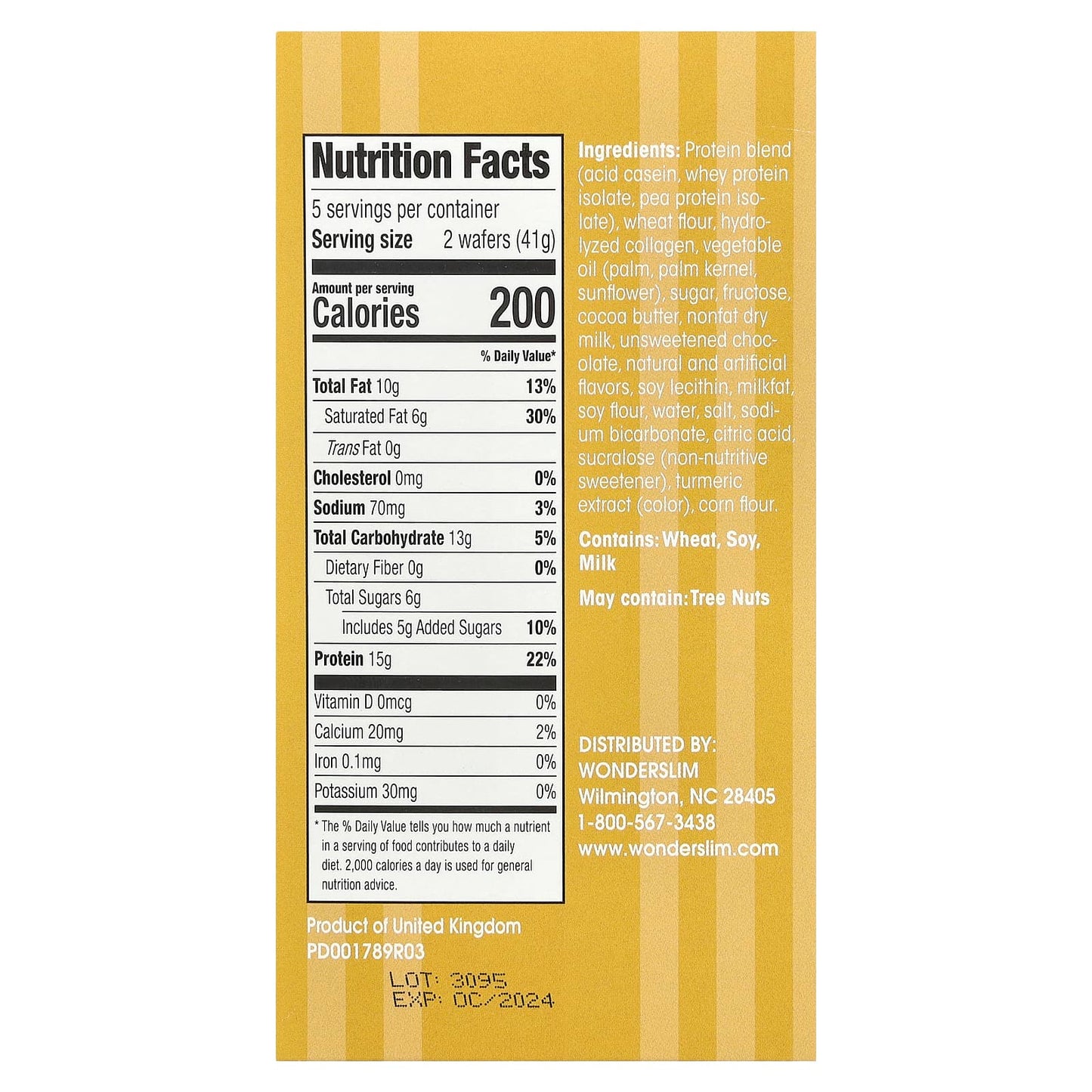 WonderSlim, Protein Wafer Bar, Lemon, 5 Packets, 1.45 oz (41 g) Each