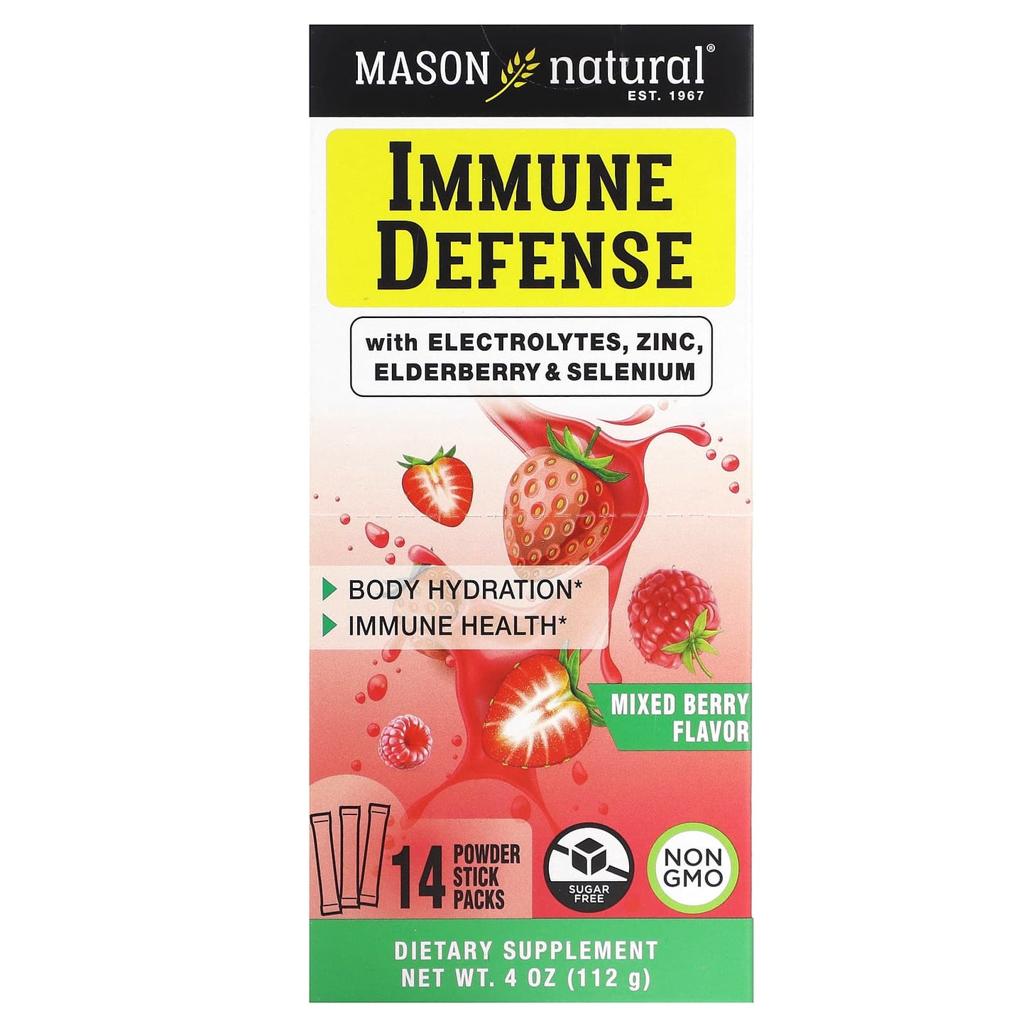 Mason Natural-Immune Defense with Electrolytes-Zinc-Elderberry & Selenium-Mixed Berry-14 Powder Stick Packs-0.28 oz (8 g) Each