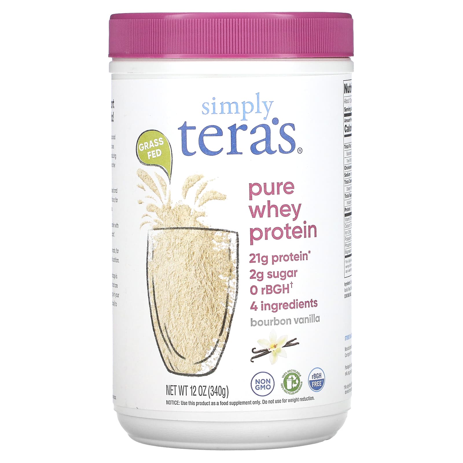 Simply Tera's-Grass Fed-Simply Pure Whey Protein-Bourbon Vanilla-12 oz (340 g)