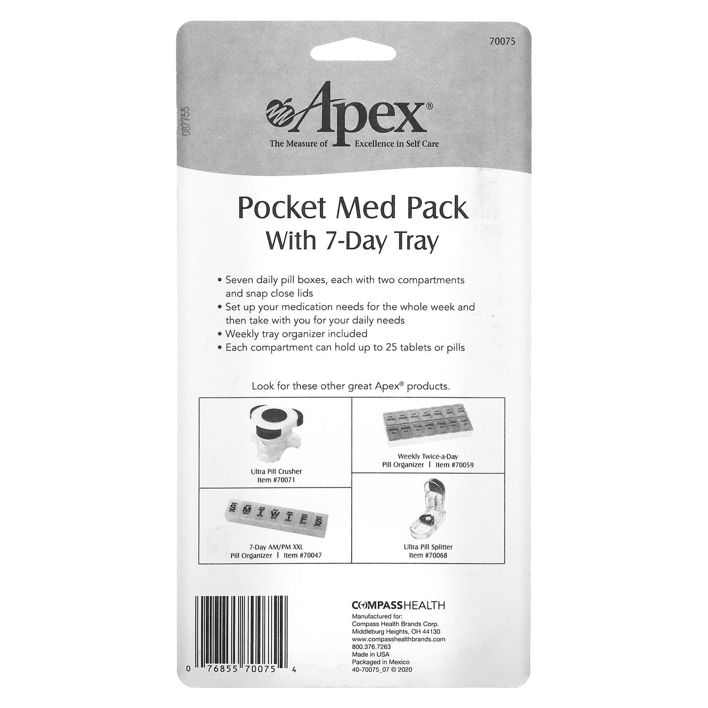 Apex, Pocket Med Pack with 7-Day Tray, 1 Tray