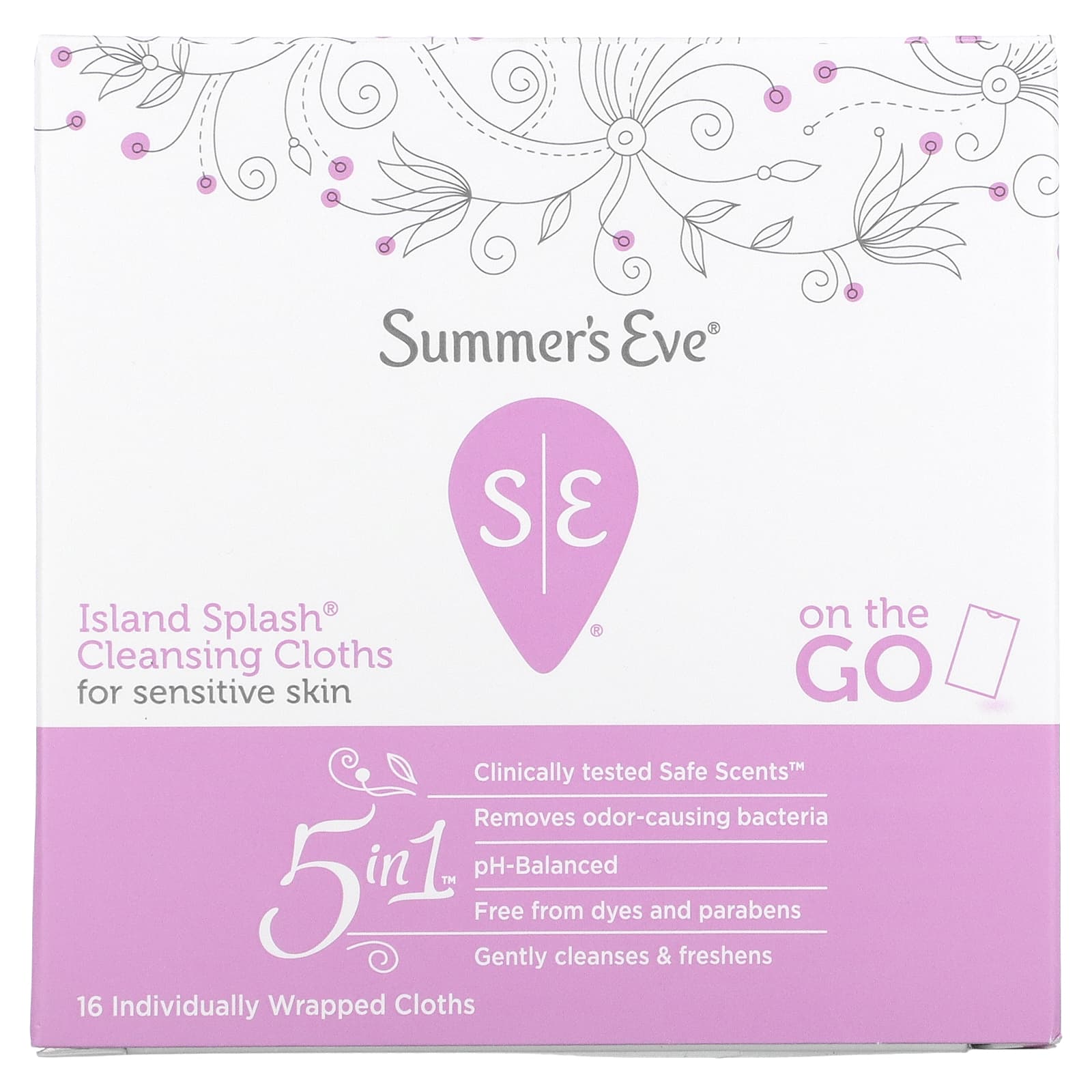 Summer's Eve-5 in 1 Cleansing Cloths-Island Splash-16 Individually Wrapped Cloths