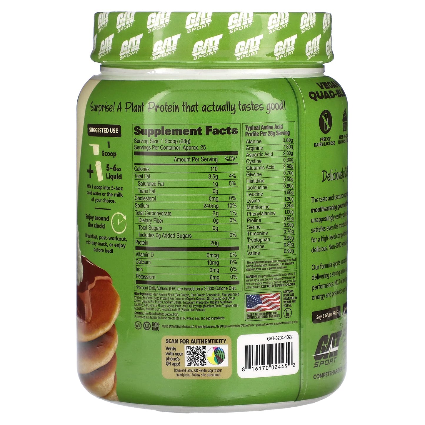 GAT, Plant Protein, Pancakes & Syrup, 1.55 lb (700 g)