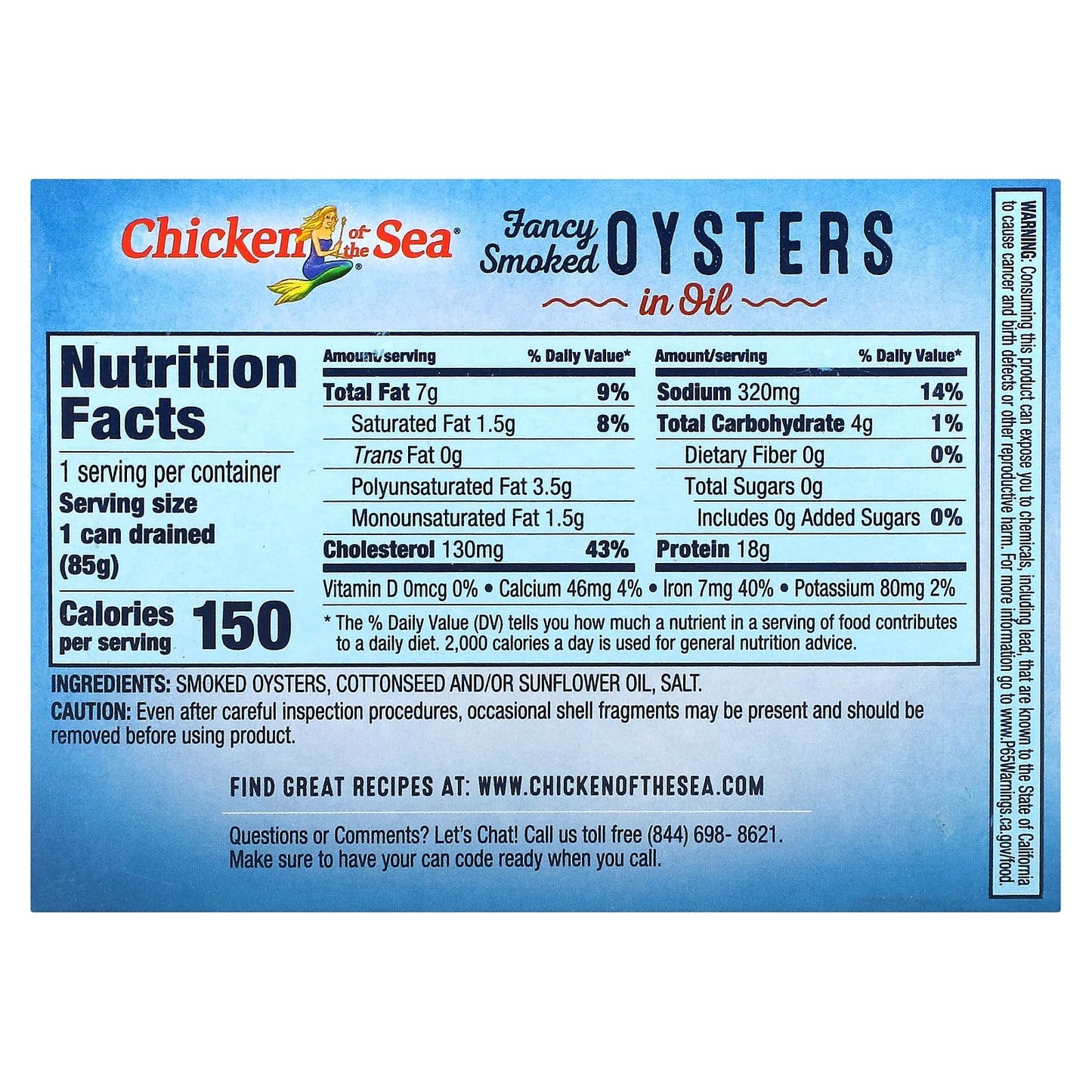 Chicken of the Sea, Fancy Smoked Oysters in Oil, 3.75 oz (106 g)