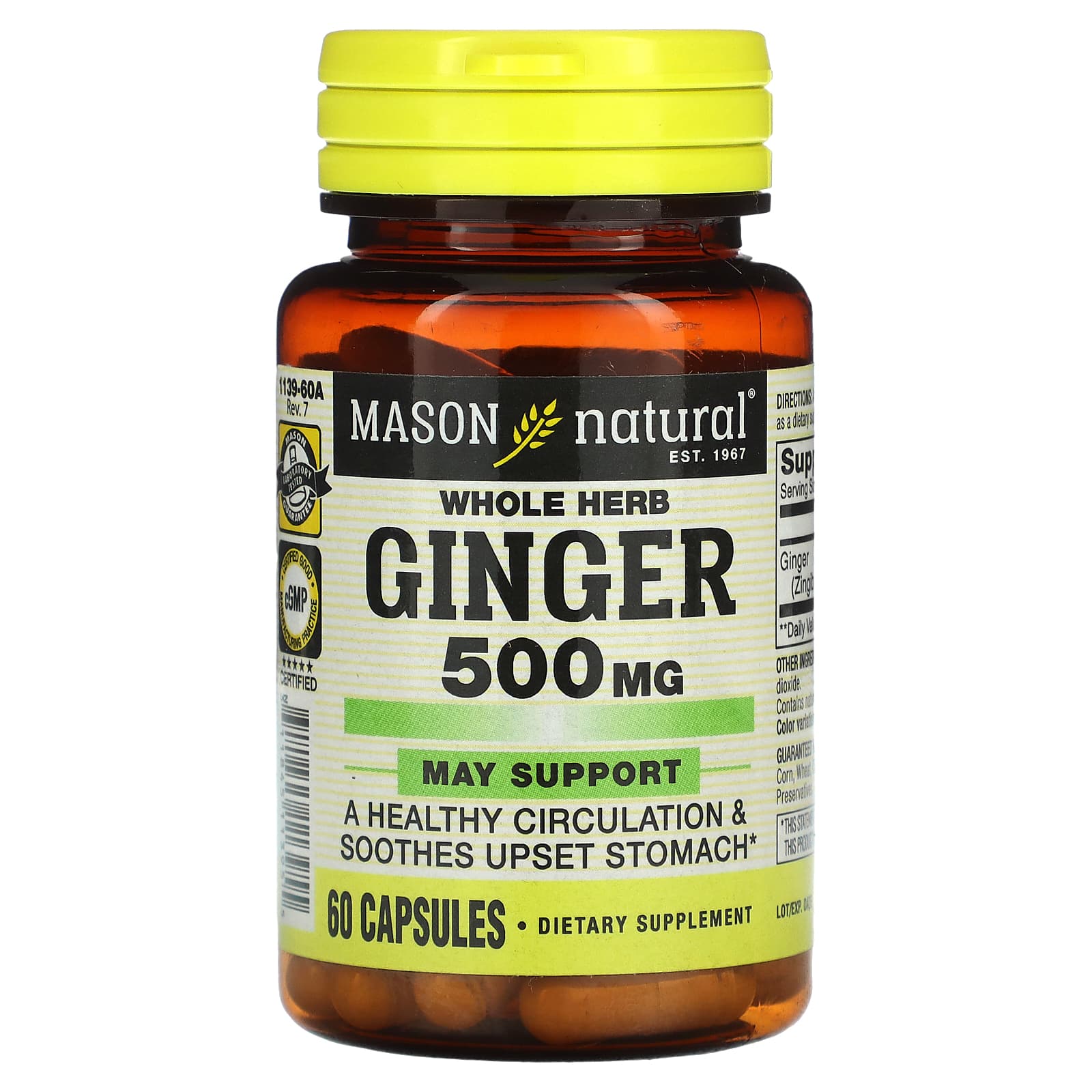 Mason Natural-Whole Herb Ginger-500 mg-60 Capsules