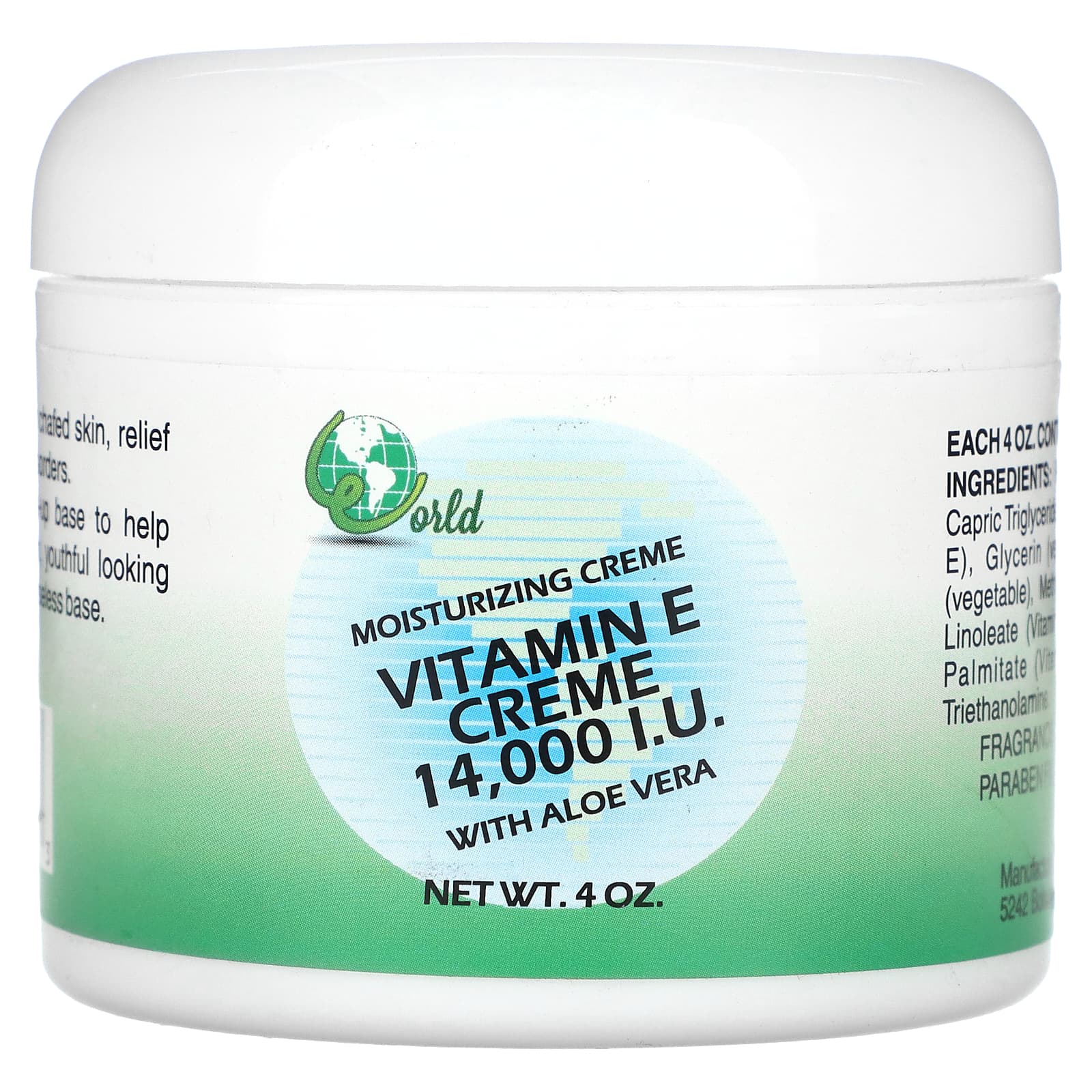 World Organic-Vitamin E Creme with Aloe Vera-Fragrance Free-4 oz