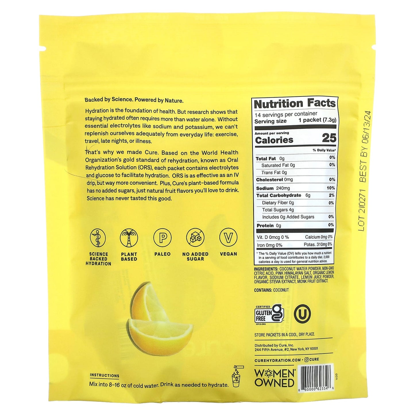 Cure Hydration, Hydrating Electrolyte Mix, Lemonade, 14 Packets, 0.26 oz (7.3 g) Each