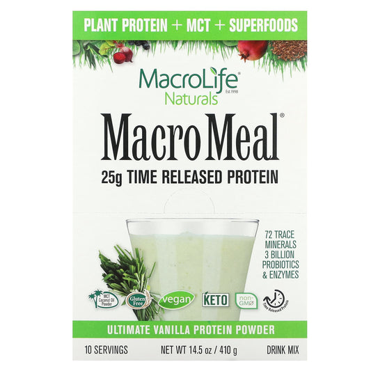 Macrolife Naturals-MacroMeal-Ultimate Protein Powder-Vanilla-10 Packets-1.4 oz (41 g) Each