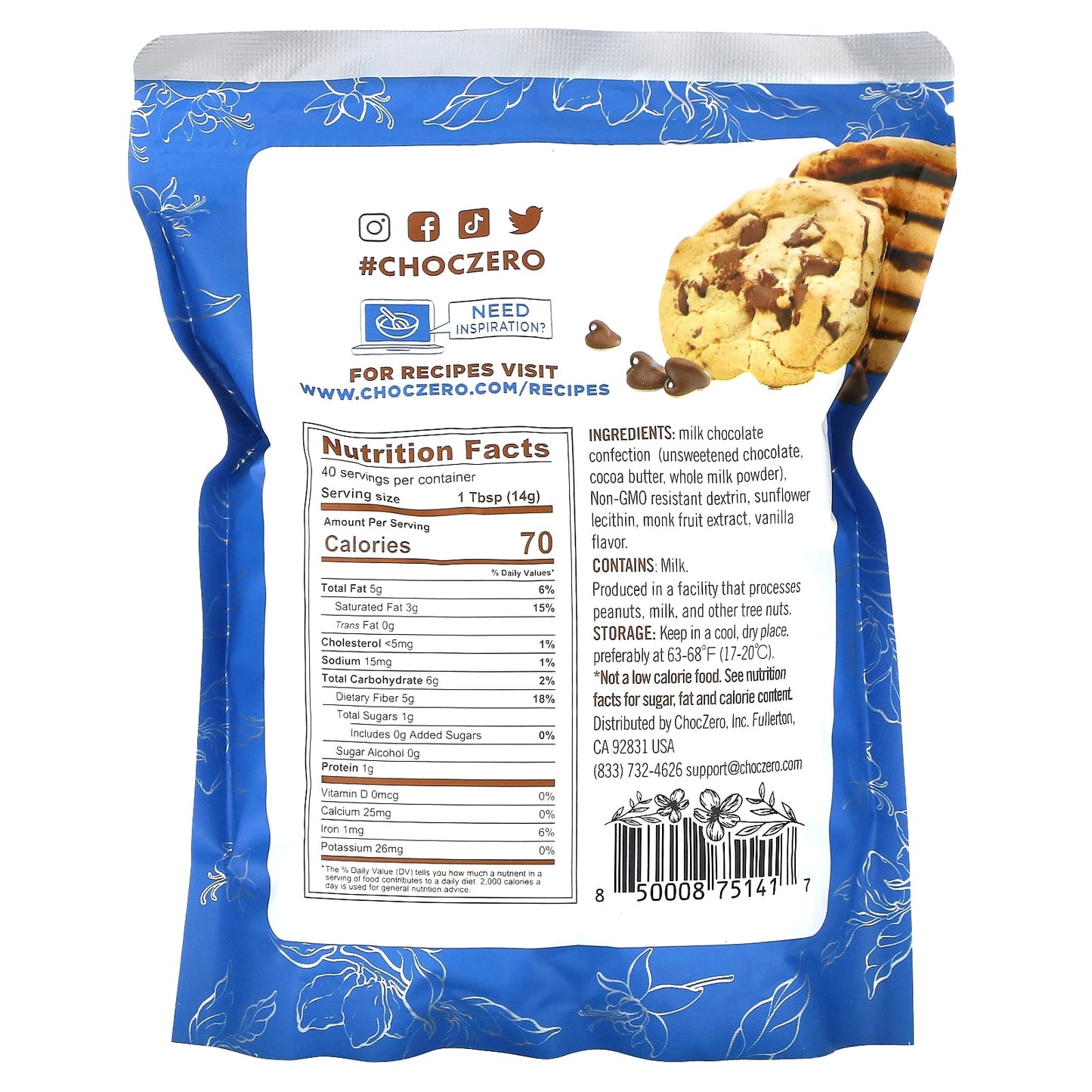 ChocZero, Baking Chips, Milk Chocolate, 20 oz (560 g)