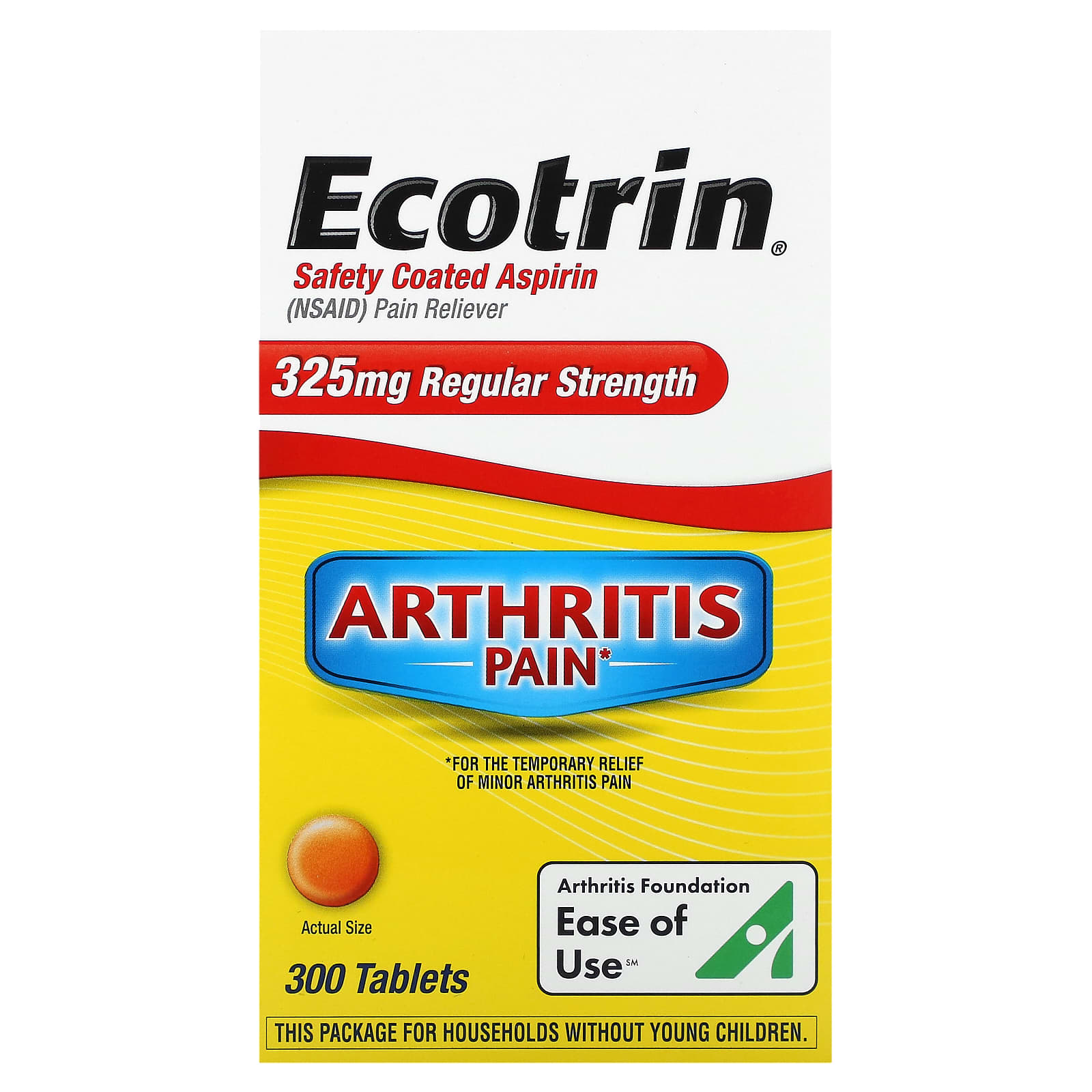 Ecotrin-Arthritis Pain-Safety Coated Aspirin-Regular Strength -325 mg-300 Tablets