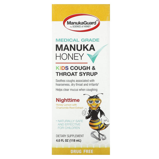 ManukaGuard-Manuka Honey-Kids Cough & Throat Syrup-Nighttime-Honey Lemon-4 fl oz (118 ml)