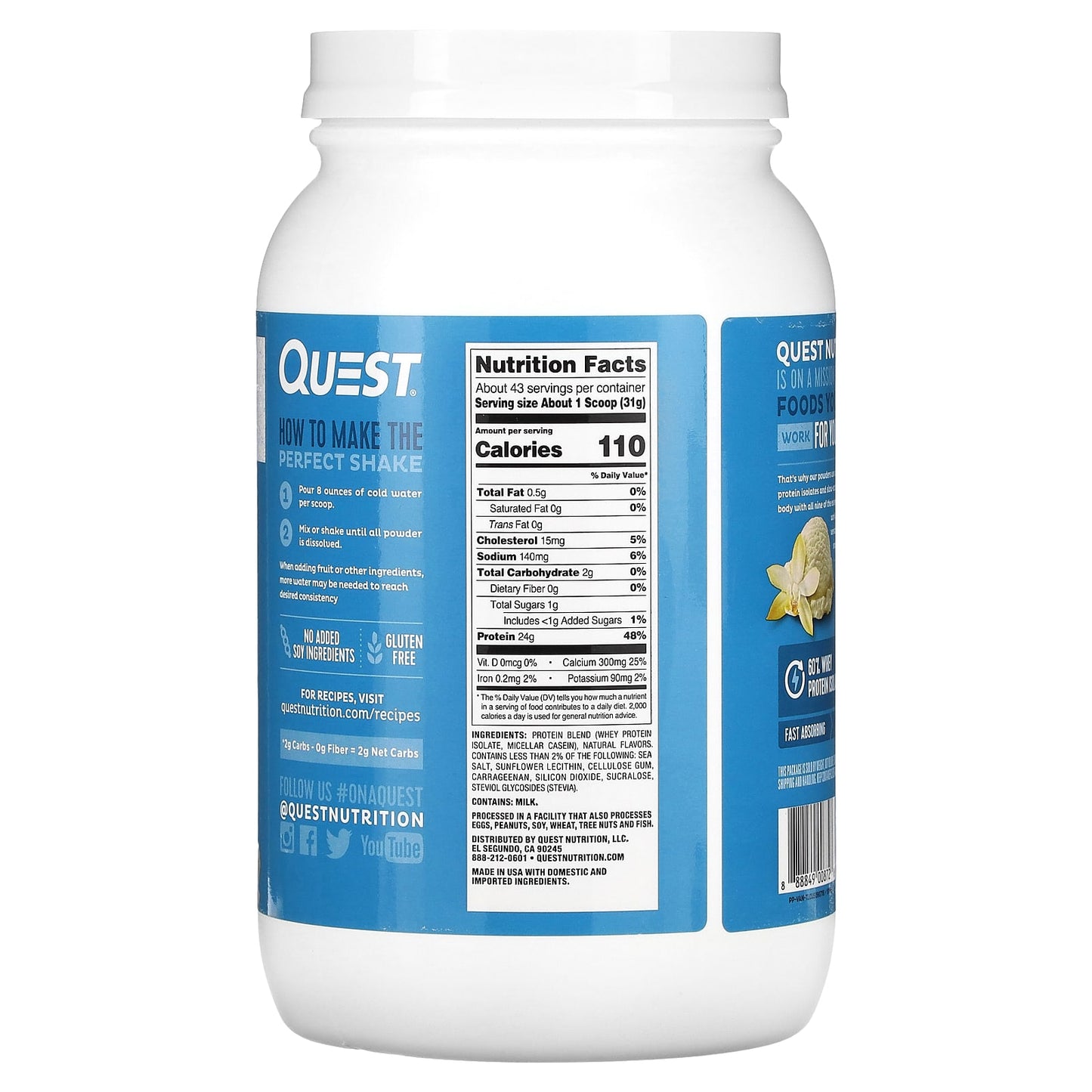 Quest Nutrition, Protein Powder, Vanilla Milkshake, 3 lb (1.36 kg)