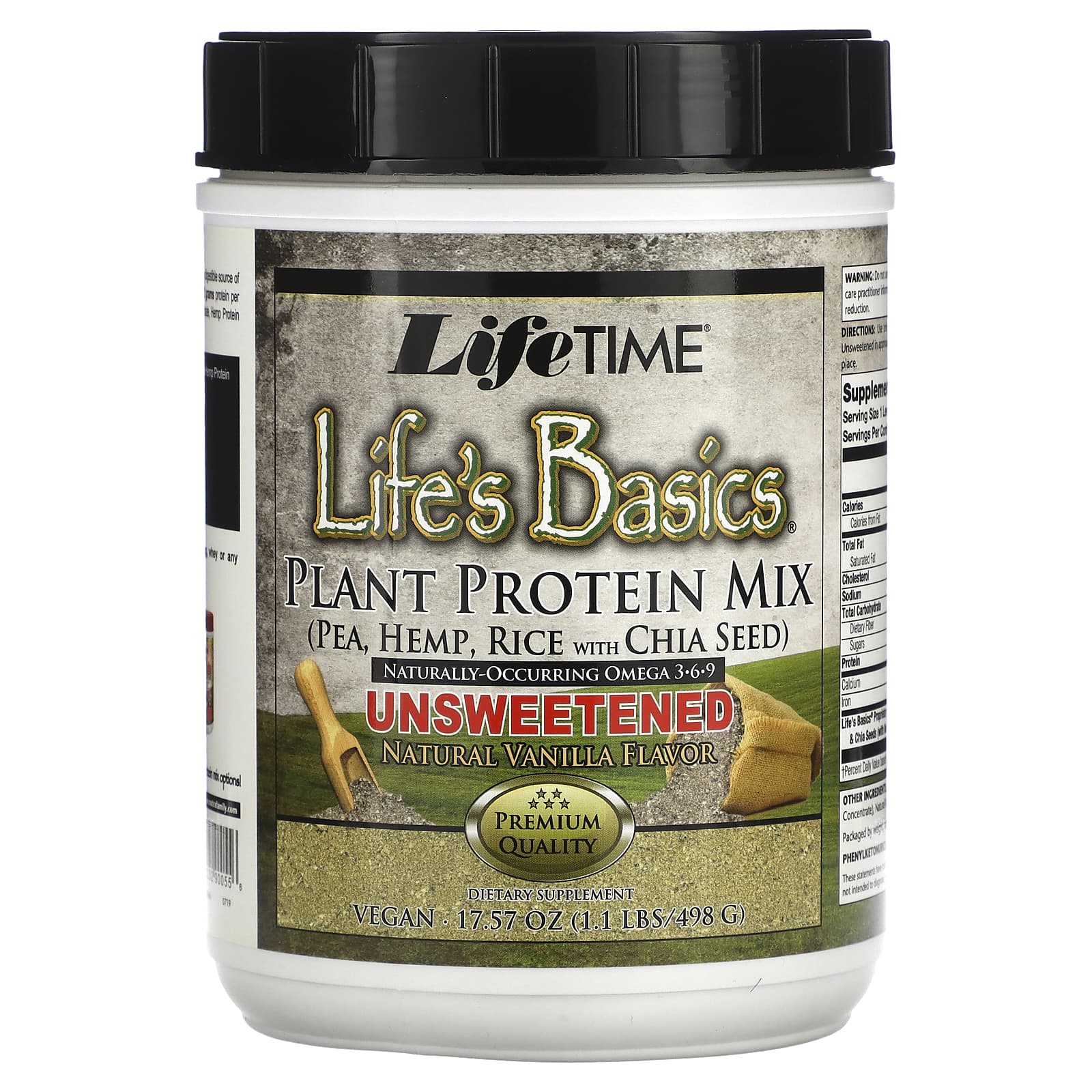 LifeTime Vitamins-Life's Basics-Plant Protein Mix-Unsweetened-Natural Vanilla-17.57 oz (498 g)