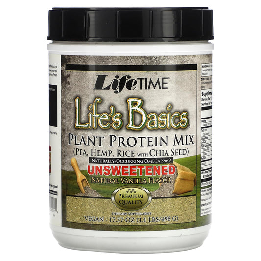 LifeTime Vitamins-Life's Basics-Plant Protein Mix-Unsweetened-Natural Vanilla-17.57 oz (498 g)