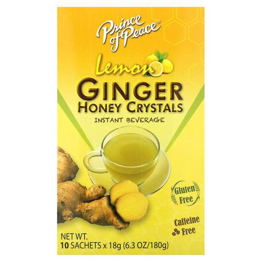 Prince of Peace-Honey Crystals Instant Beverage-Caffeine Free-Lemon Ginger-10 Sachets-6.3 oz (180 g)