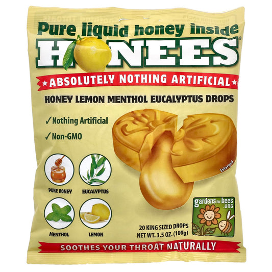 Honees-Honey Lemon Menthol Eucalyptus Cough Drops-20 King Sized Drops-3.5 oz (100 g)