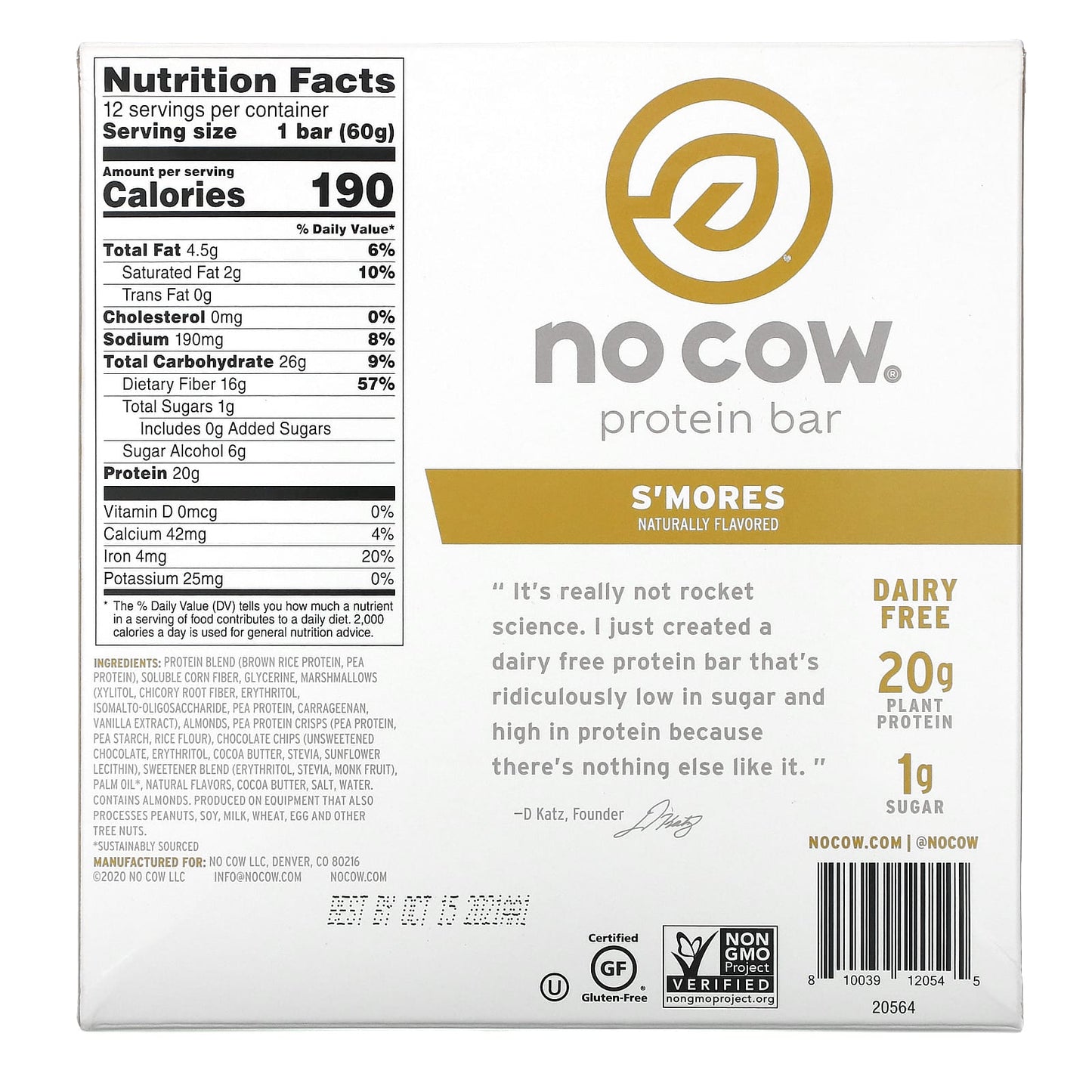 No Cow, Protein Bar, S'mores, 12 Bars, 2.12 oz (60 g)