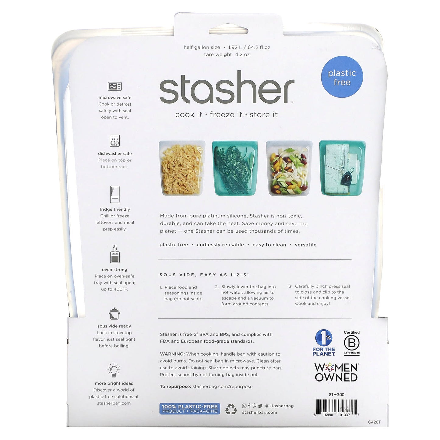 Stasher, Reusable Silicone Food Bag, Half Gallon, Clear, 64.2 fl oz (1.92  l)