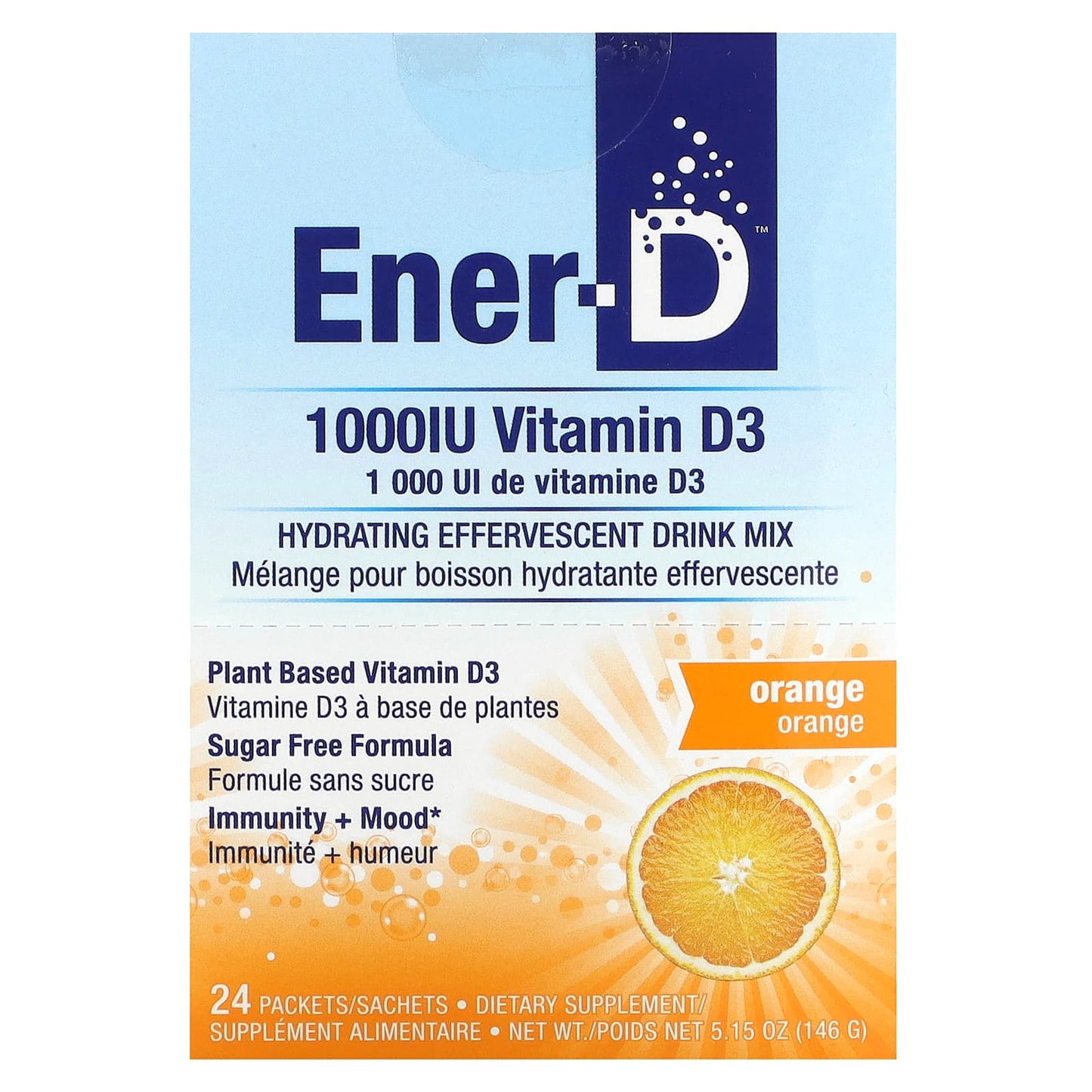 Ener-C-Ener-D-Vitamin D3-Hydrating Effervescent Drink Mix-Sugar Free-Orange-1,000 mg-24 Packets