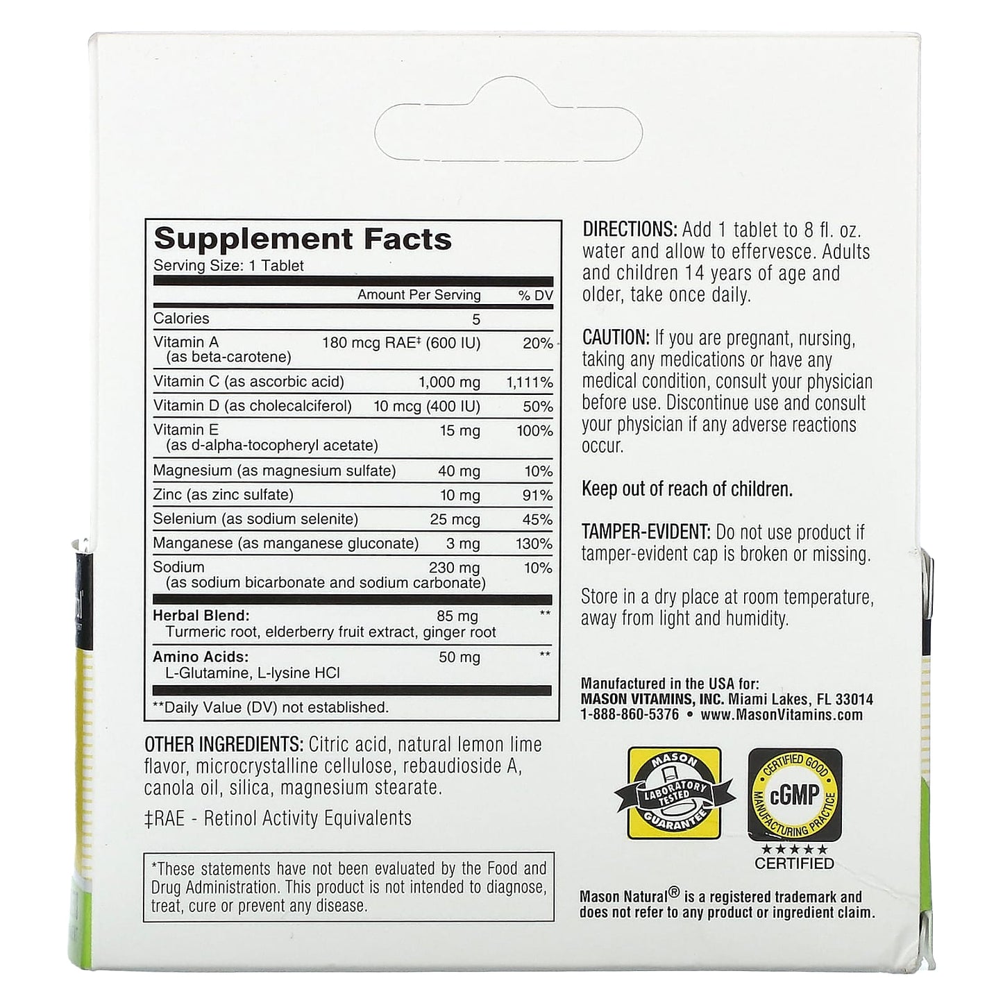 Mason Natural, Immunity + Hydration Power with Electrolytes, Elderberry, Ginger & Zinc, Lemon Lime, 10 Effervescent Tablets