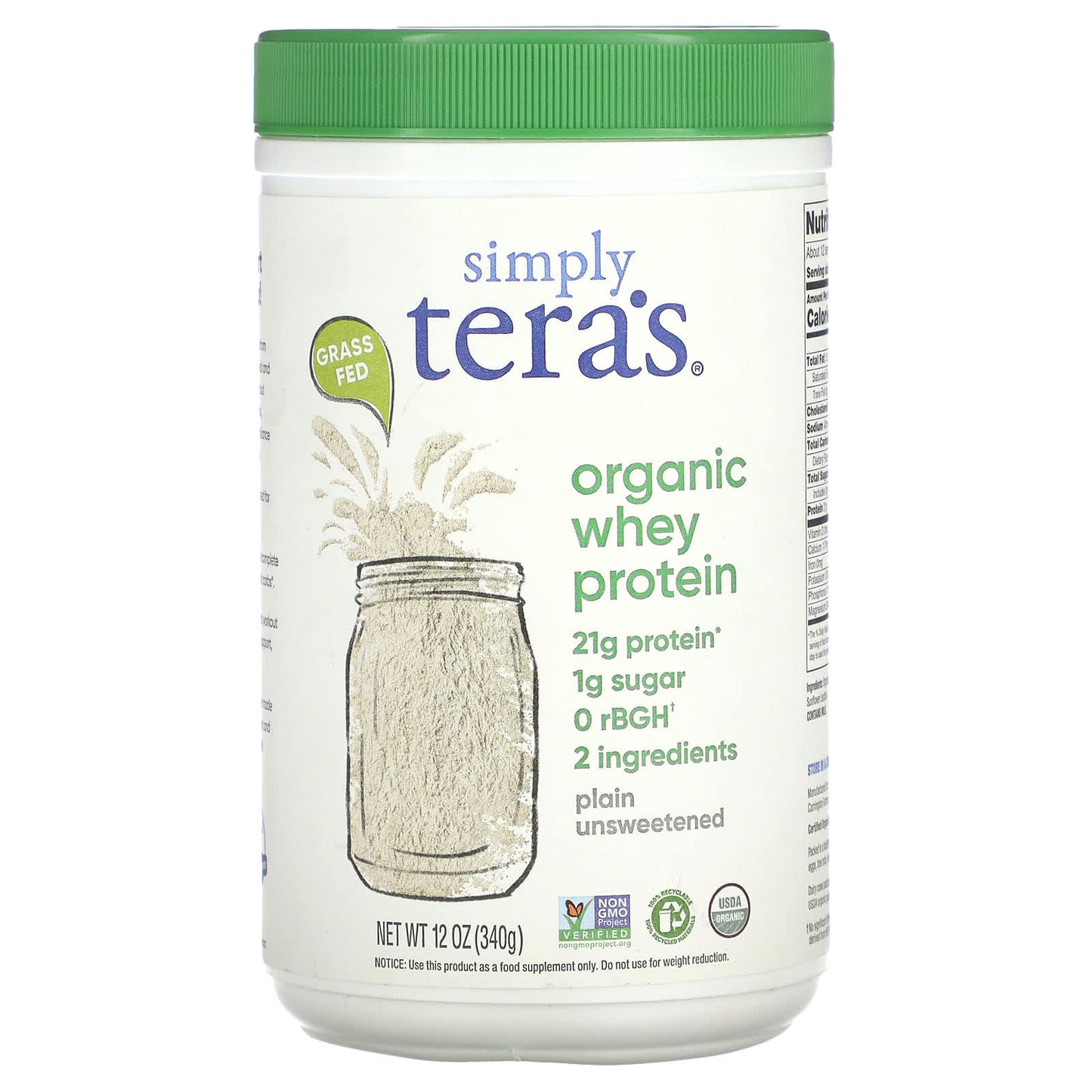 Simply Tera's-Organic Whey Protein-Plain Unsweetened-12 oz (340 g)