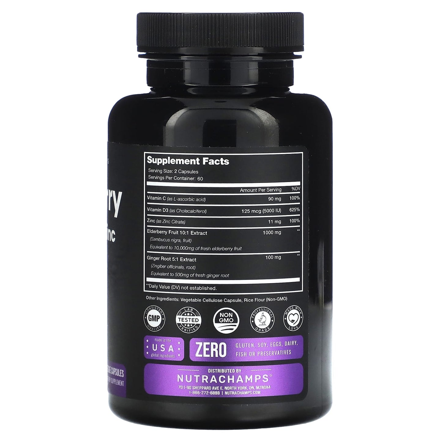 NutraChamps, Elderberry Vitamin C + Zinc with Vitamin D3 + Ginger, 120 Veggie Capsules