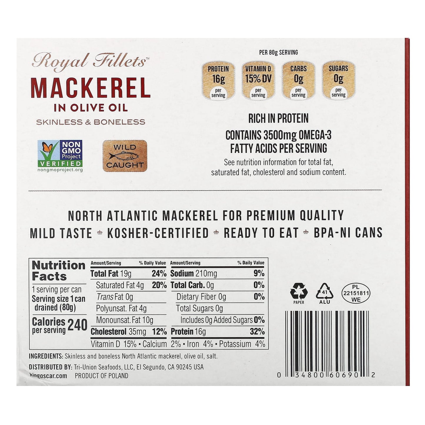 King Oscar, Royal Fillets, Mackerel In Olive Oil, 6 Pack, 4.05 oz (115 g) Each