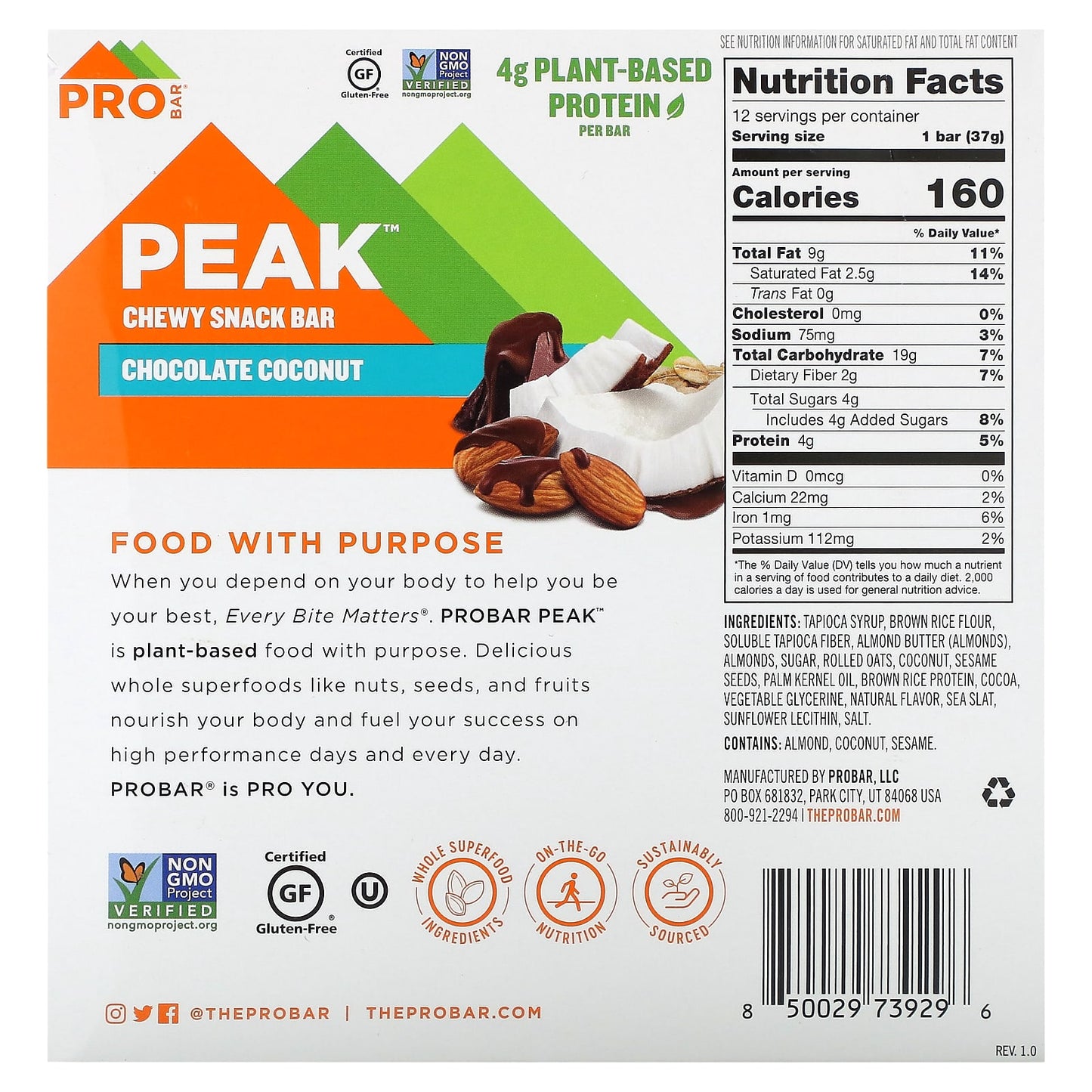 ProBar, Peak, Chewy Snack Bar,  Chocolate Coconut, 12 Bars, 1.3 oz (37 g) Each