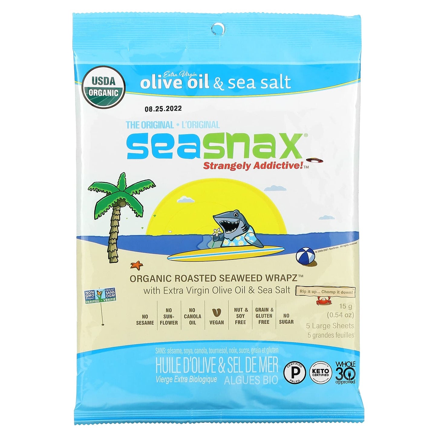 SeaSnax, Organic Roasted Seaweed Wrapz, Original, 20 Large Sheets, 2.16 oz (60 g)