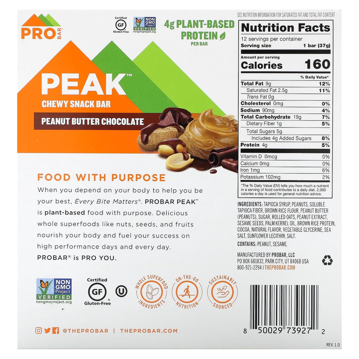 ProBar, Peak, Chewy Snack Bar, Peanut Butter Chocolate, 12 Bars, 1.3 oz (37 g) Each