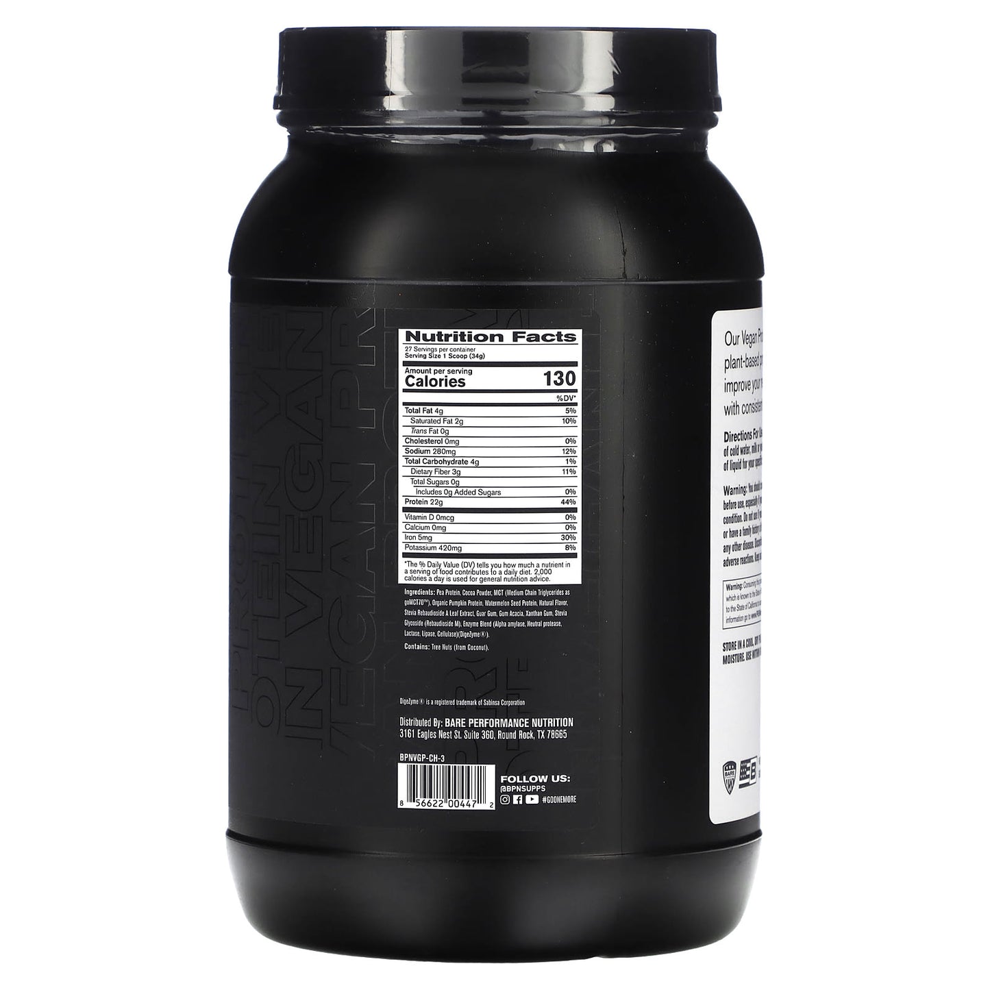 Bare Performance Nutrition, Vegan Protein, Plant Based Protein Powder, Chocolate, 2 lbs (905 g)