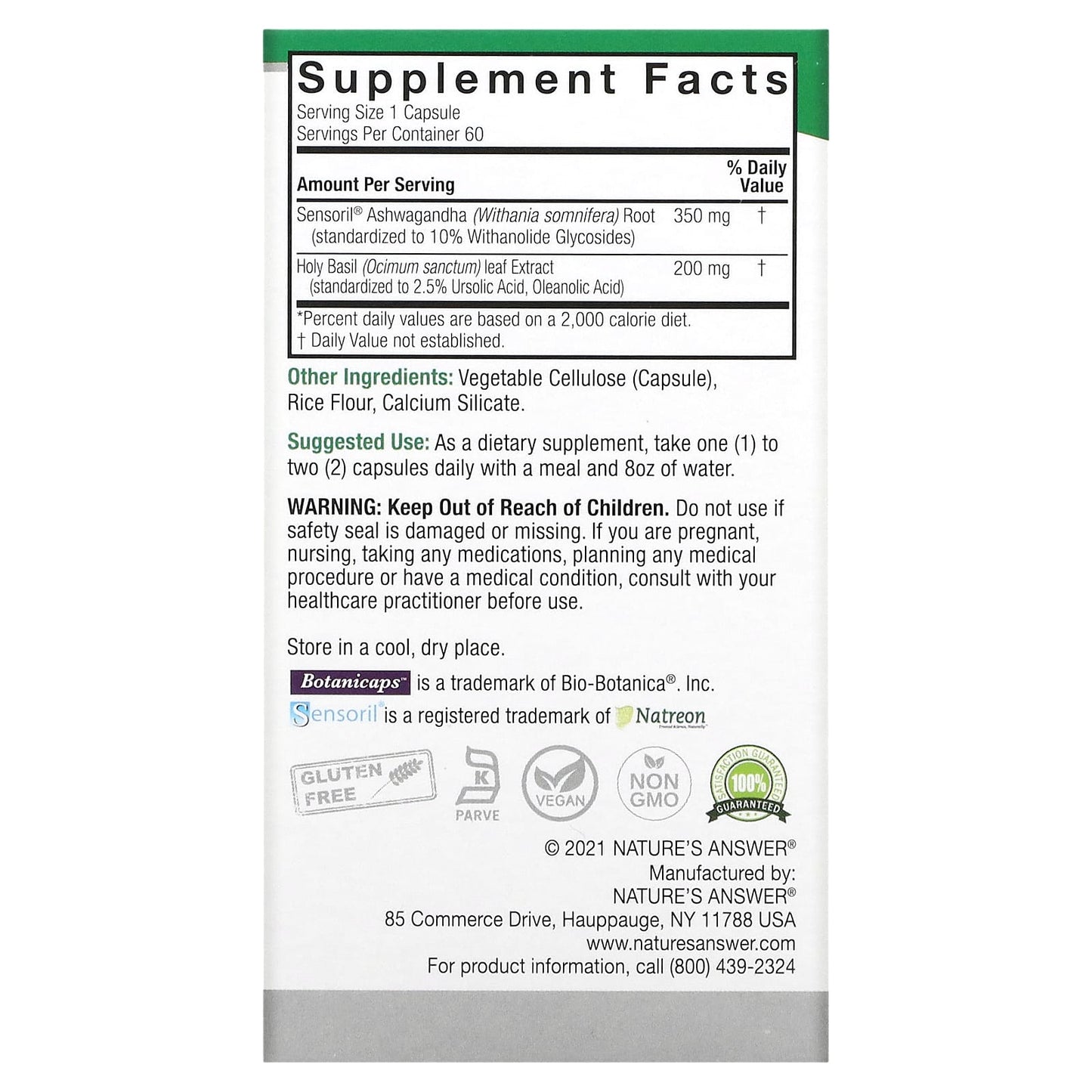 Nature's Answer, Ashwagandha & Holy Basil, 550 mg, 60 Veggie Capsules