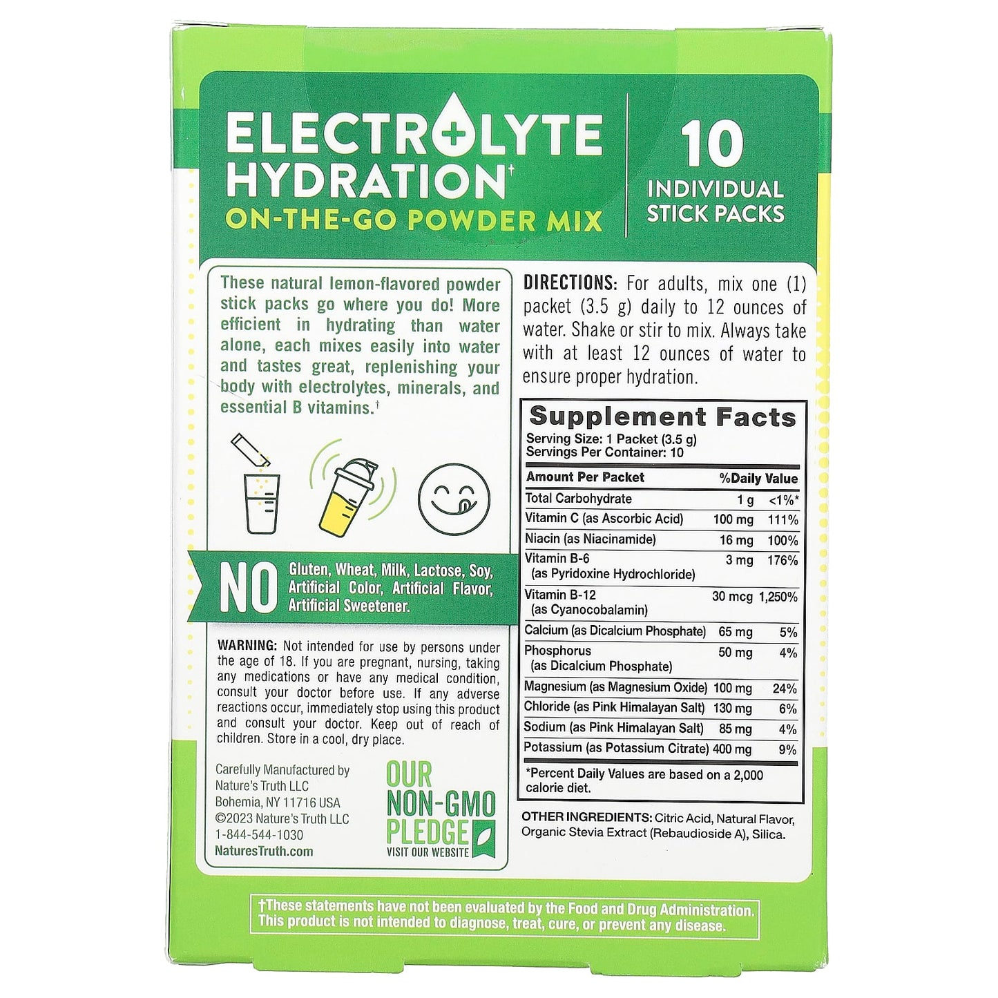 Nature's Truth, Electrolyte Hydration + B Vitamins, On-The-Go Powder Mix, Lemon, 10 Individual Stick Packs 0.123 oz (3.5 g) Each