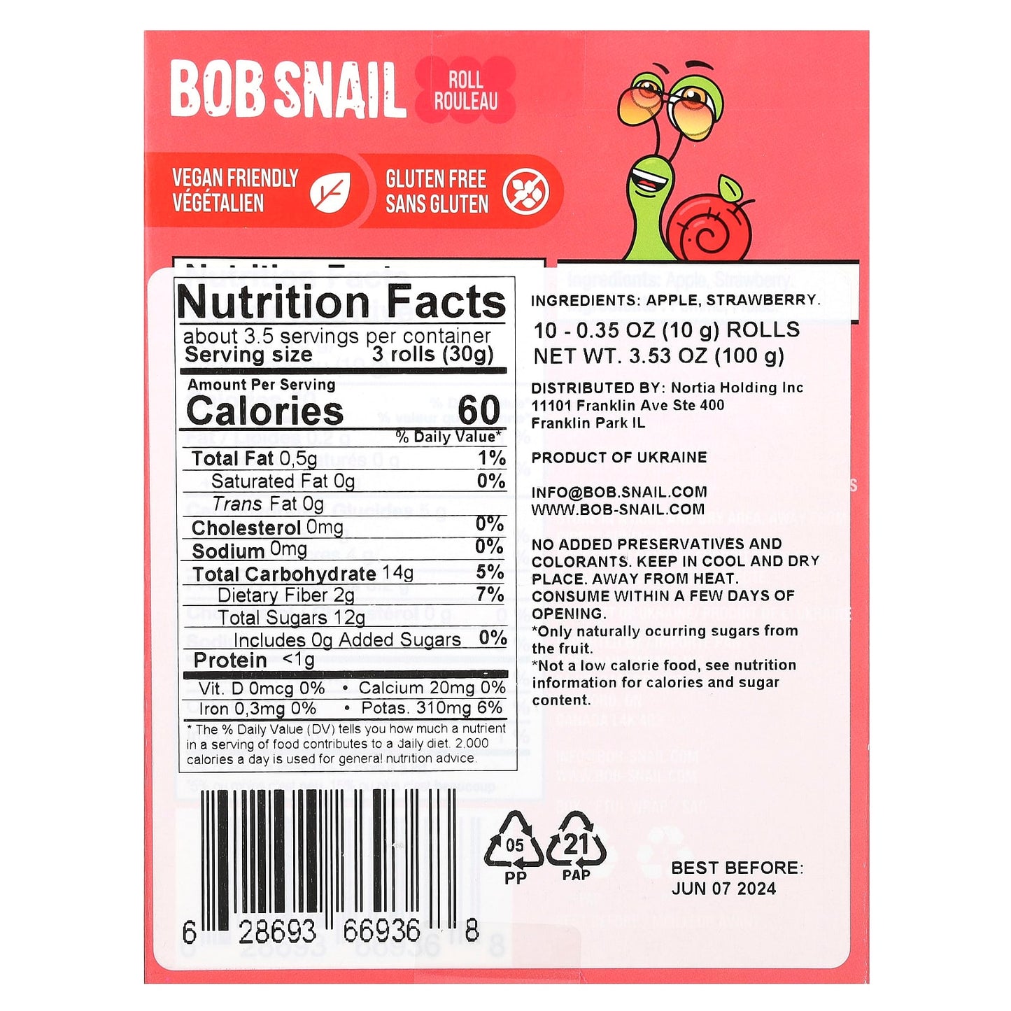 Bob Snail, Fruit Rolls, Apple-Strawberry, 10 Rolls, 0.35 oz (10 g) Each