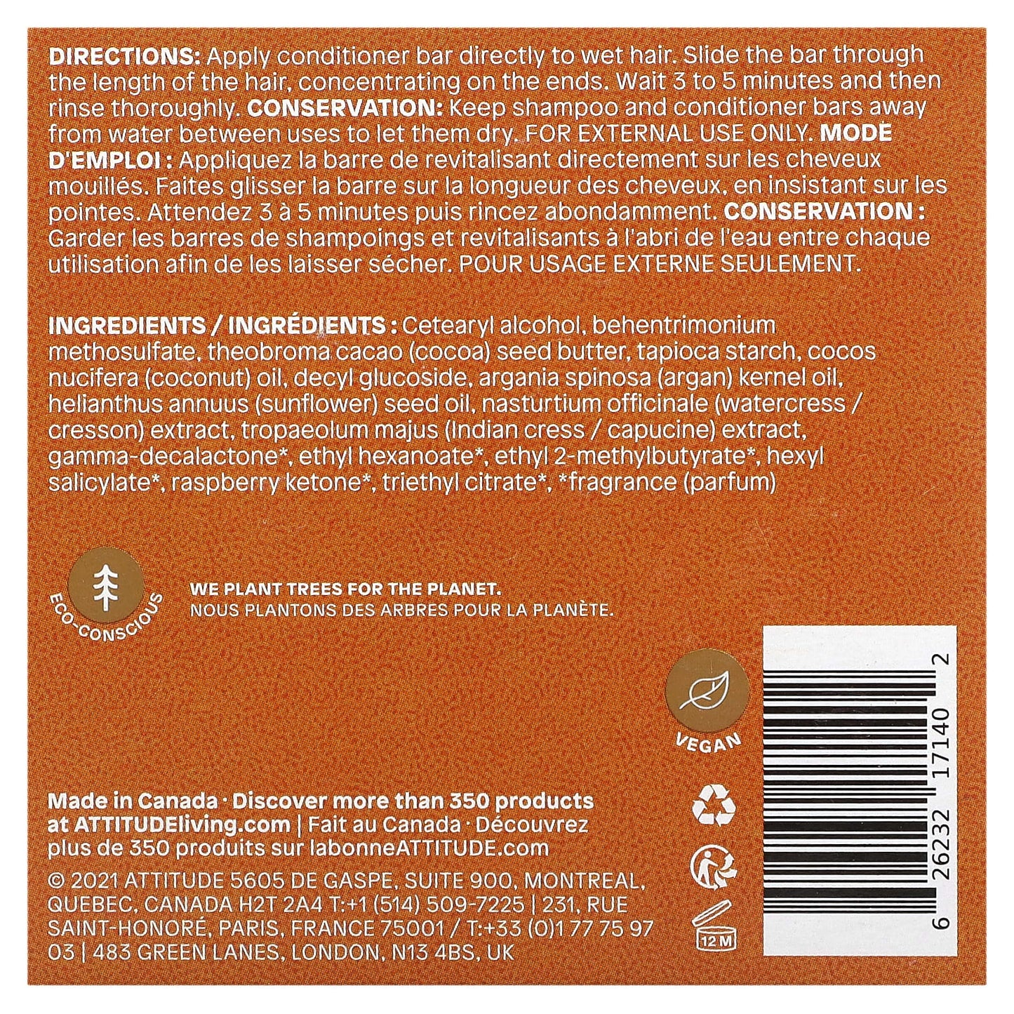 ATTITUDE, Leaves Bar, Volumizing Conditioner, Orange Cardamom, 4 oz (113 g)