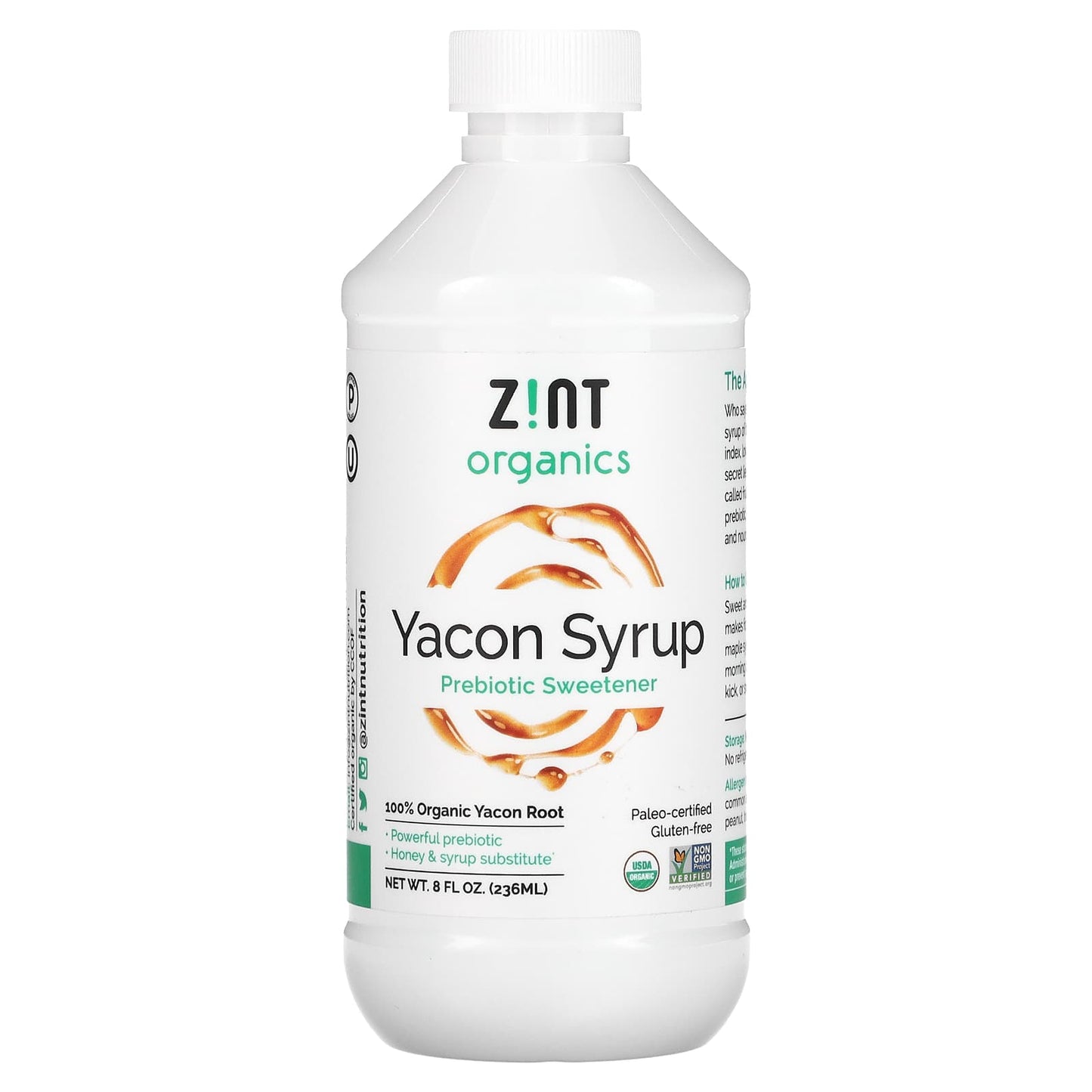 Zint-Organic Yacon Syrup-Prebiotic Sweetener-8 fl oz (236 ml)