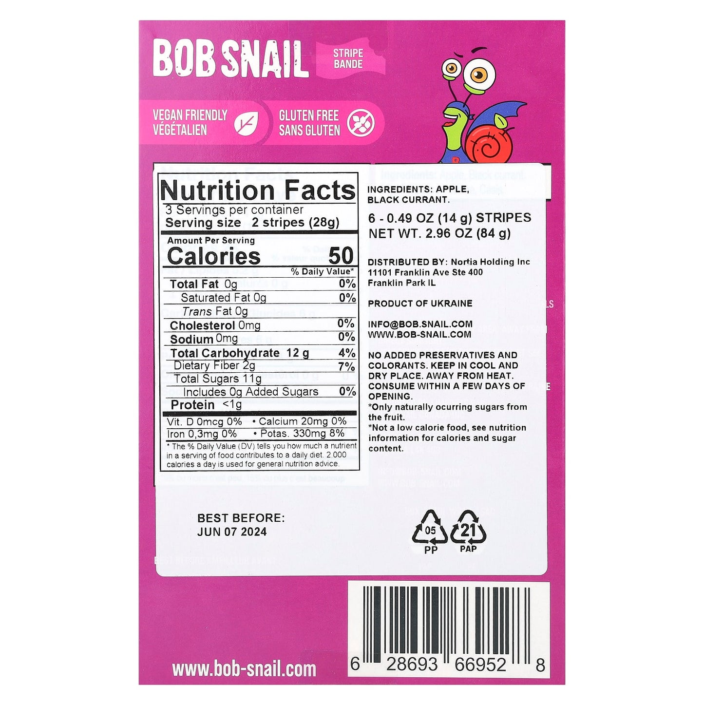 Bob Snail, Fruit Stripe, Apple-Black Currant, 6 Count, 0.49 oz (14 g) Each