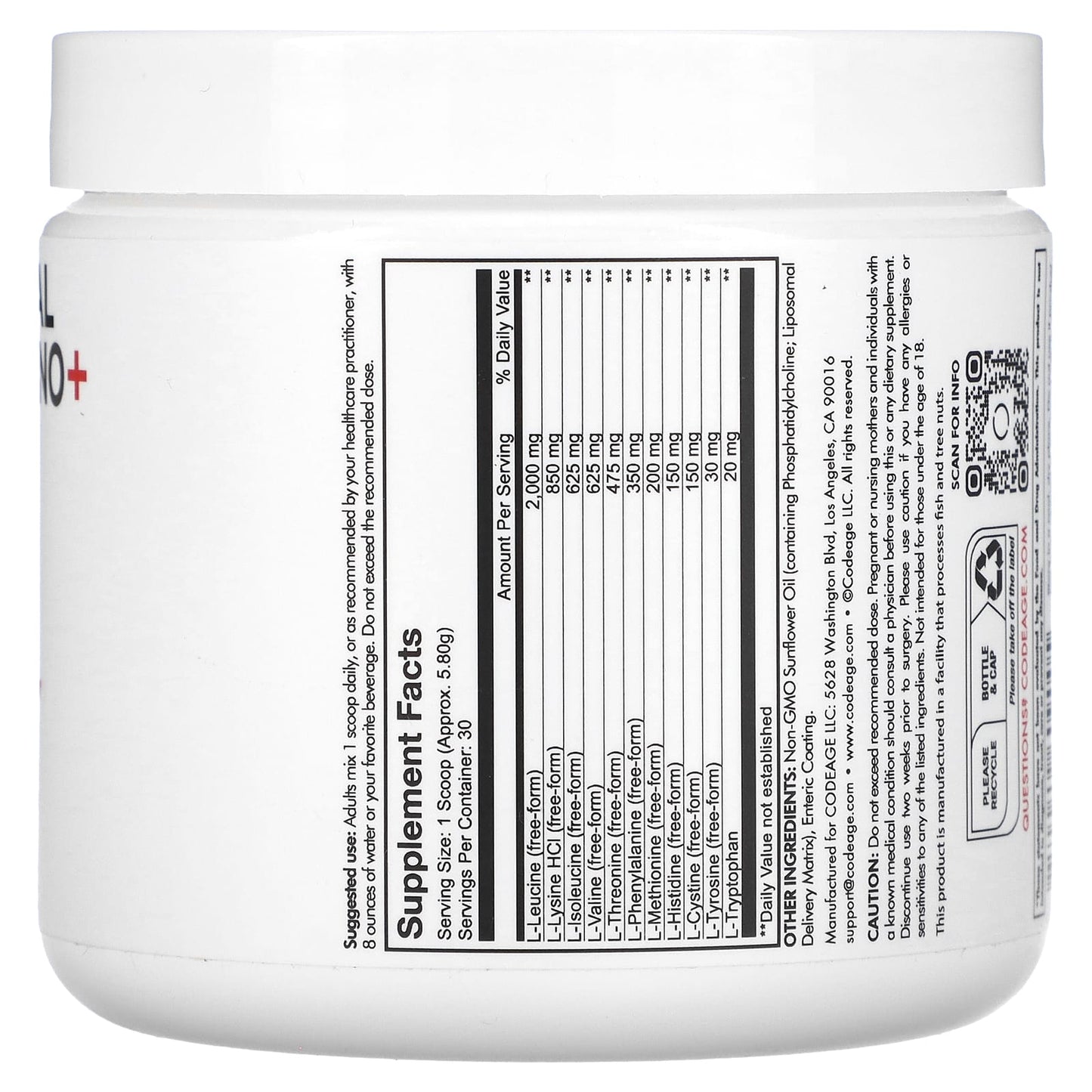 Codeage, Liposomal Multi Amino+ Powder, All 9 Essential Amino Acids, Unflavored, 6.15 oz (174.2 g)