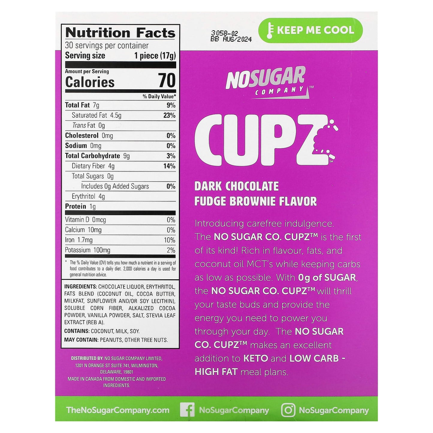 No Sugar Company, Cupz, Dark Chocolate Fudge Brownie, 30 Cupz, 0.6 oz (17 g) Each