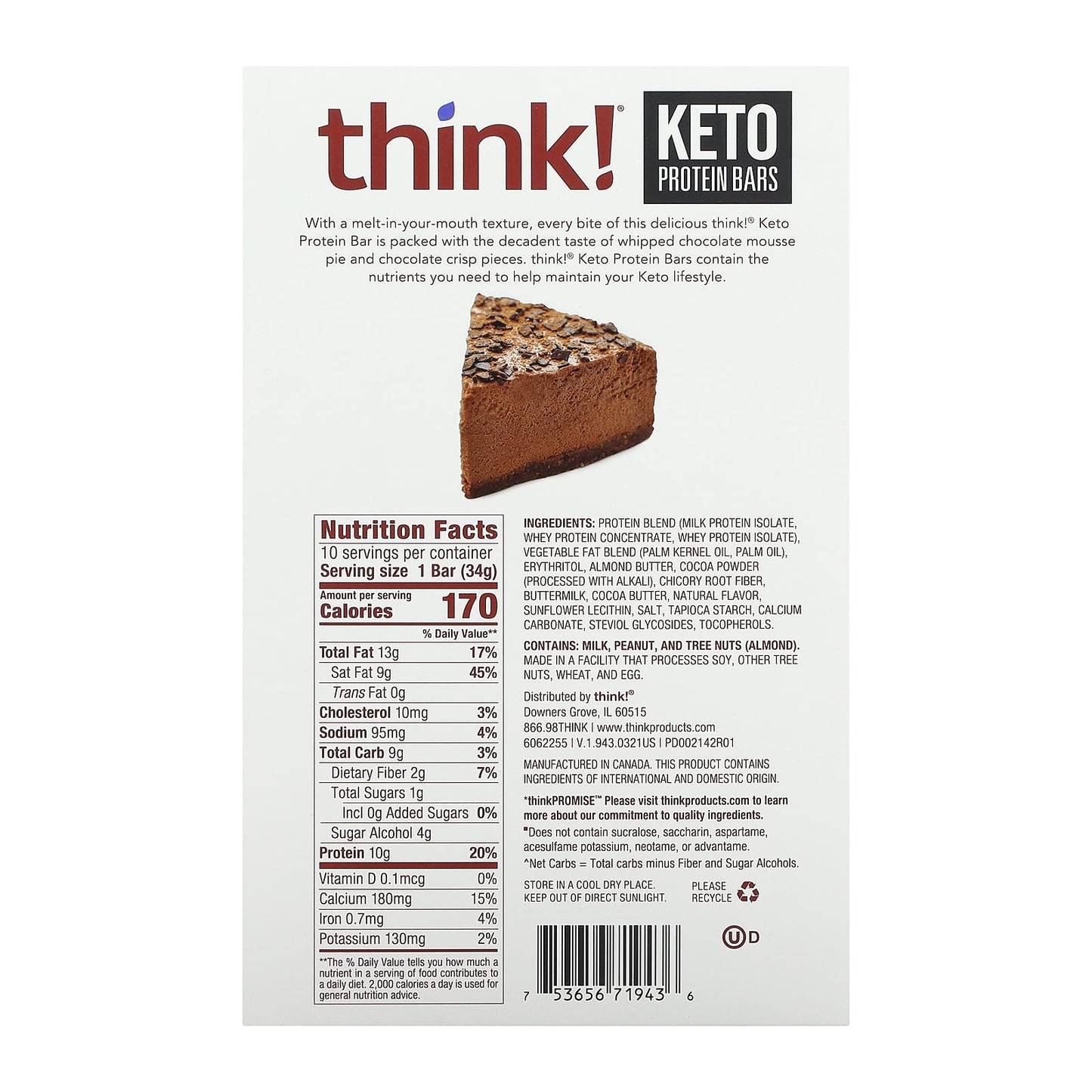 Think !, Keto Protein Bars, Chocolate Mousse Pie, 10 Bars, 1.2 oz (34 g) Each