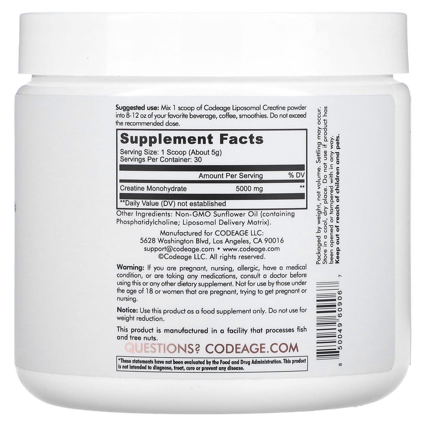 Codeage, Liposomal, Creatine Monohydrate Powder, Unflavored, 5.29 oz (150 g)