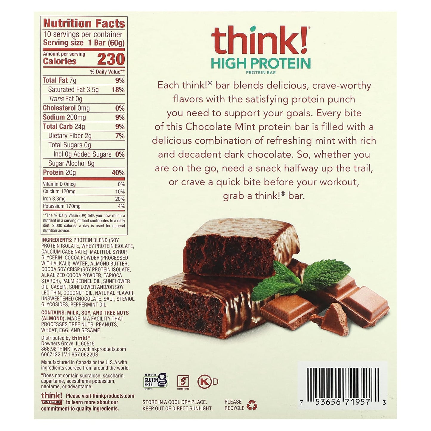 Think !, High Protein Bars, Chocolate Mint, 10 Bars, 2.1 oz (60 g) Each